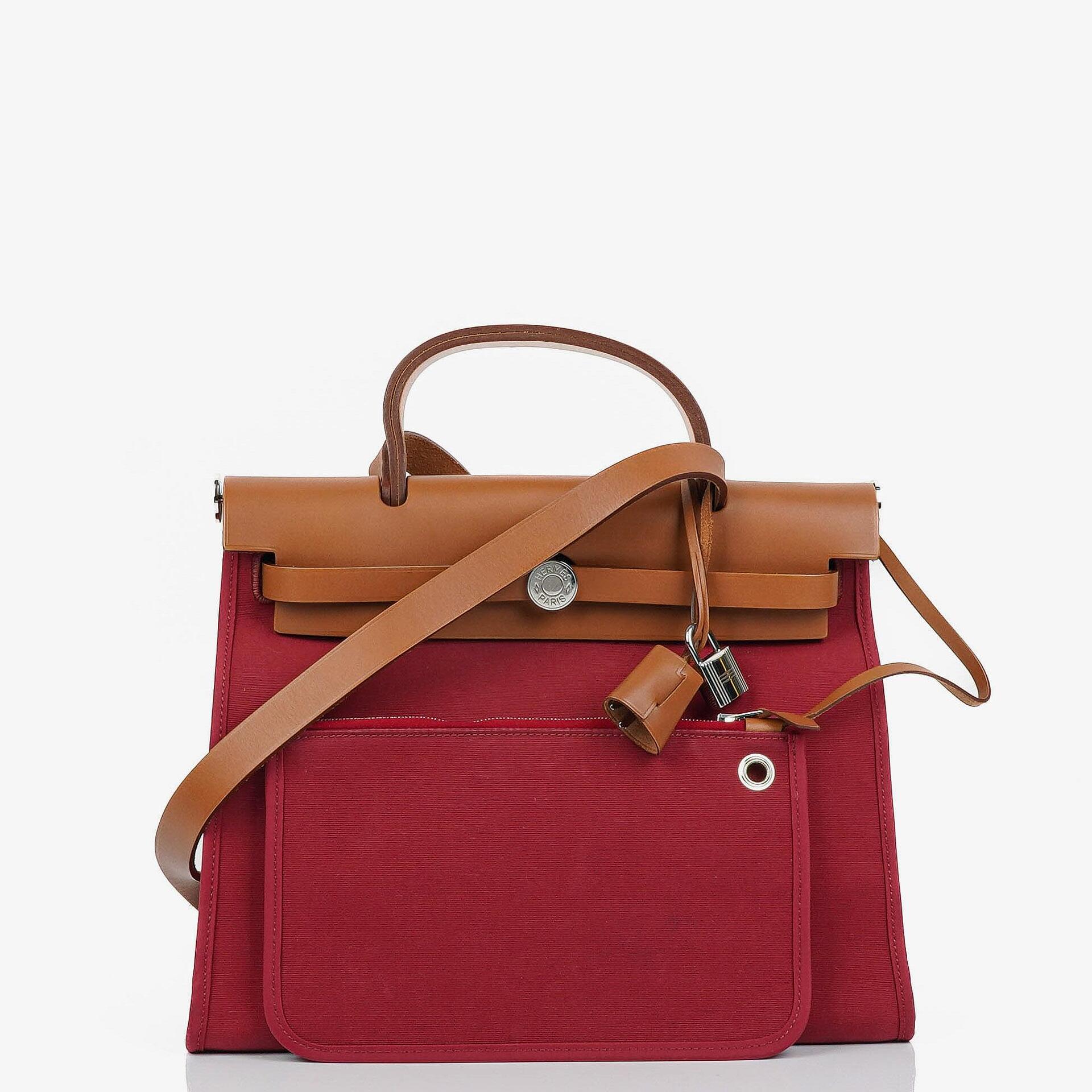 Hermes Herbag Zip 31 PM Fauve Vache Hunter Rubis Toile With Palladium Hardware