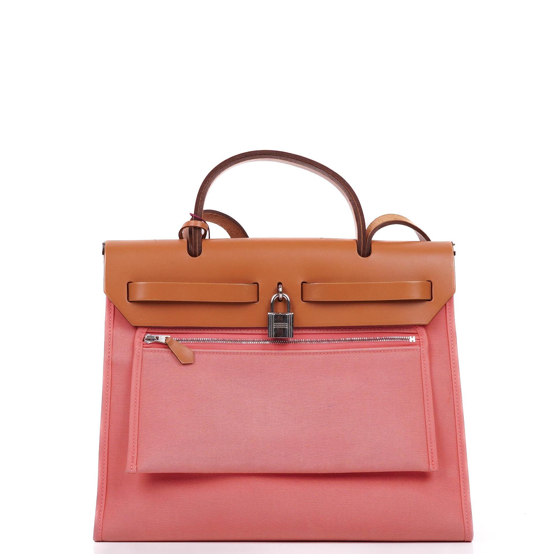 Hermes Herbag Zip 31 PM Vache Hunter Naturel Rose Azalee Toile With Palladium Hardware