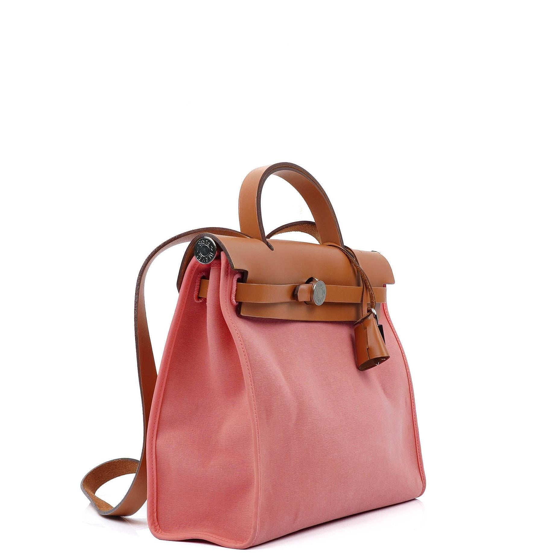 Hermes Herbag Zip 31 PM Vache Hunter Naturel Rose Azalee Toile With Palladium Hardware