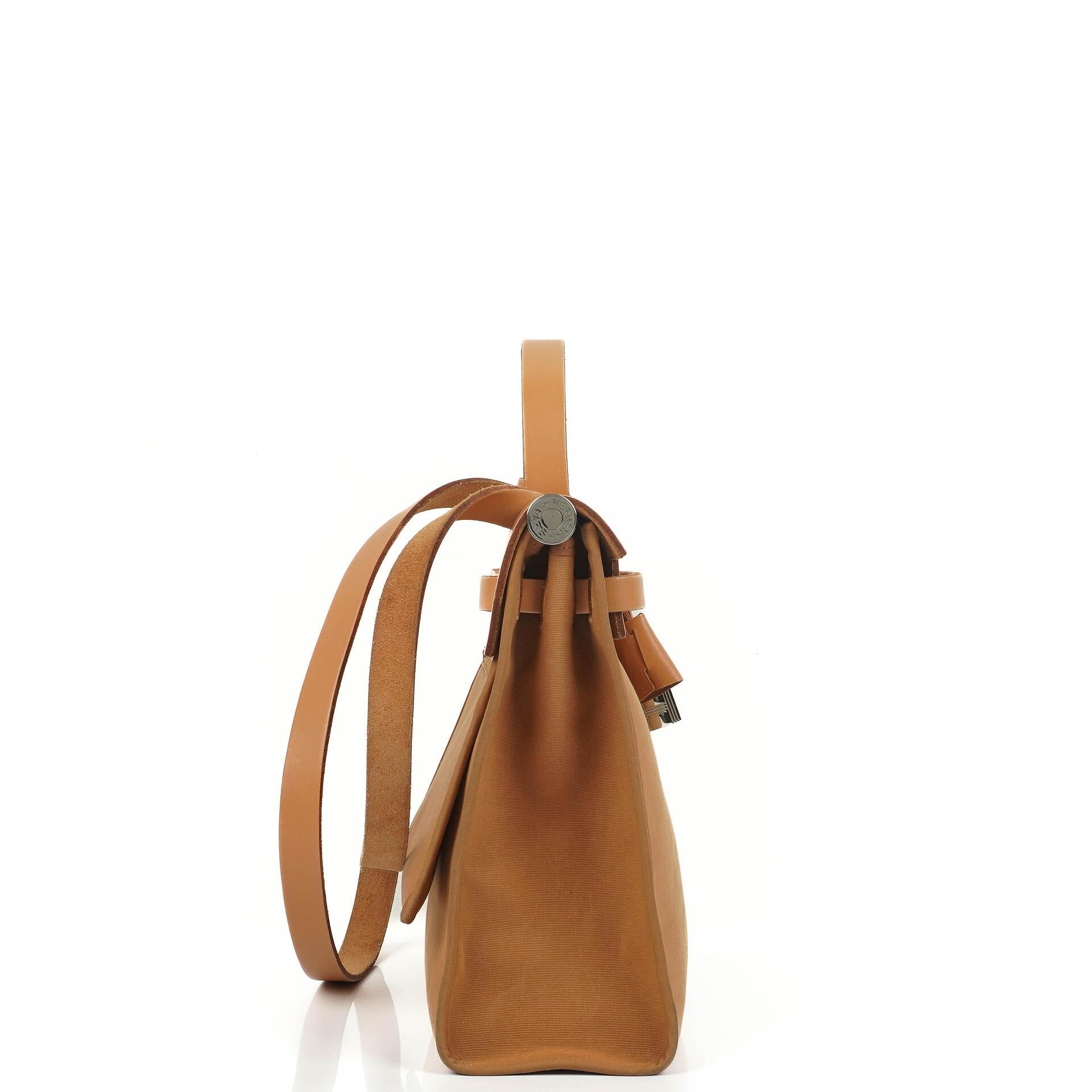 Hermes Herbag Zip 31 PM Vache Hunter Toile Dune/Sable Naturel And Orange With Palladium Hardware