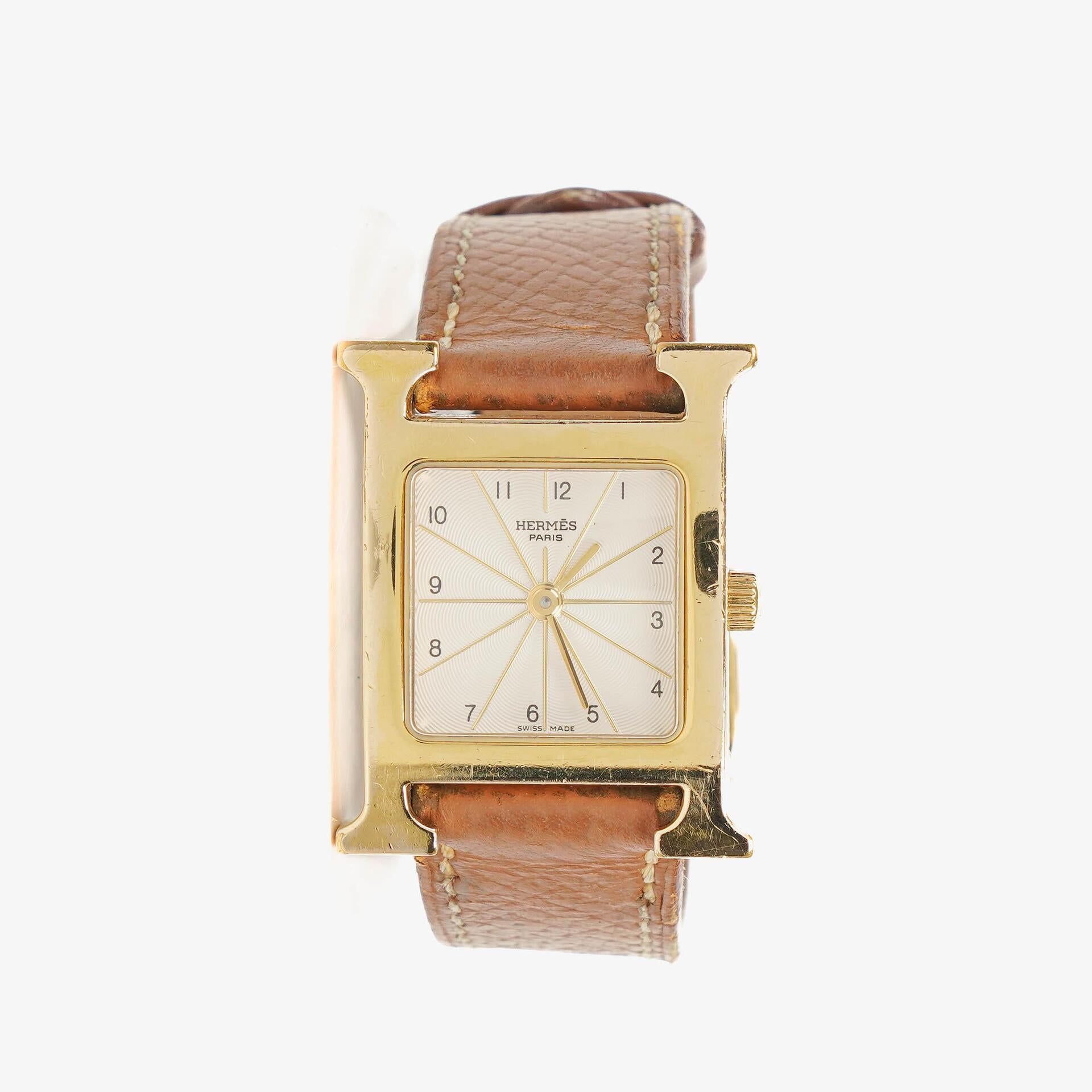 Hermes Heure H PM 21mm Gold Plated and Brown Leather Quartz Watch HH1.210