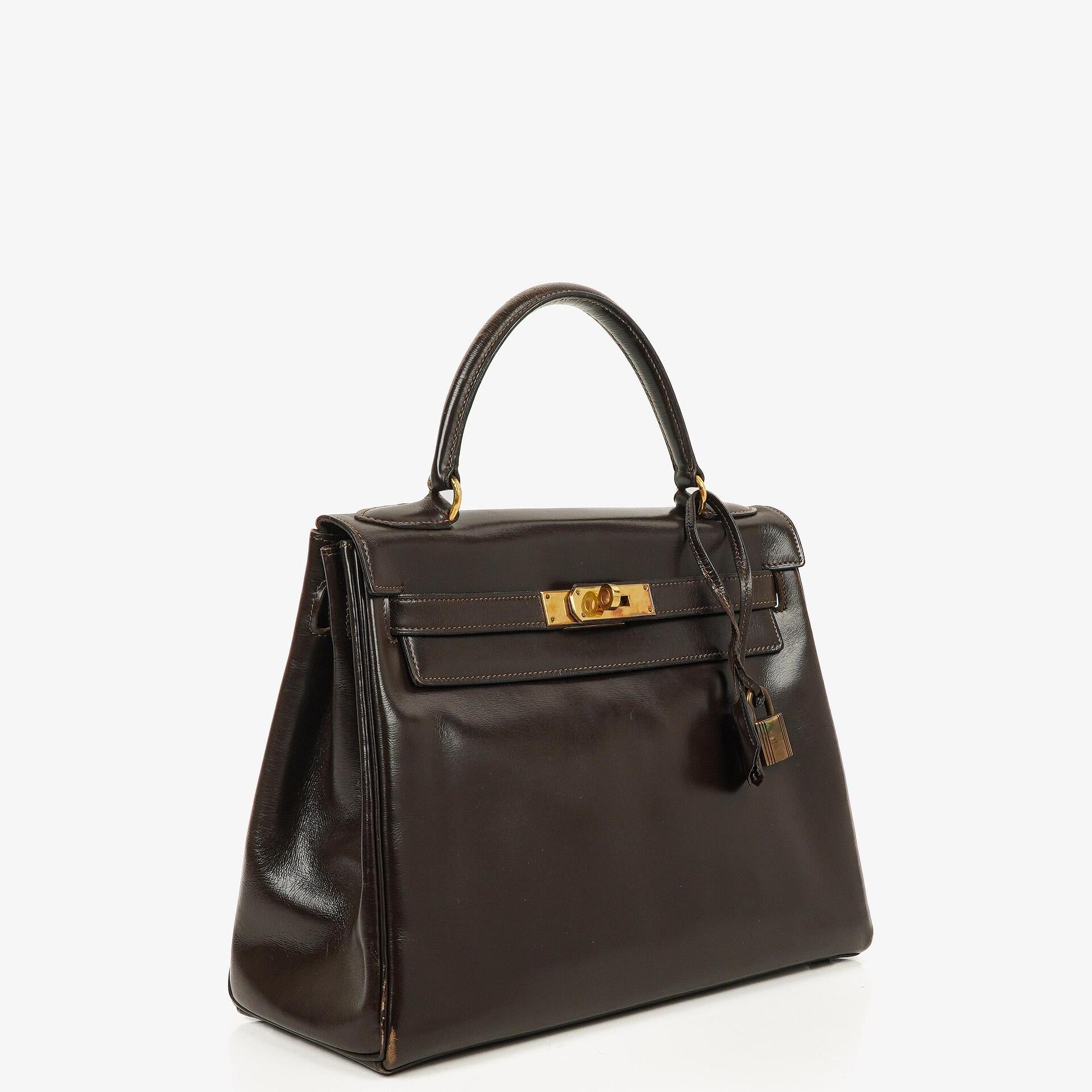 Hermes Kelly 28 Retourne Vintage Chocolate Box Calf With Gold Hardware, 1965