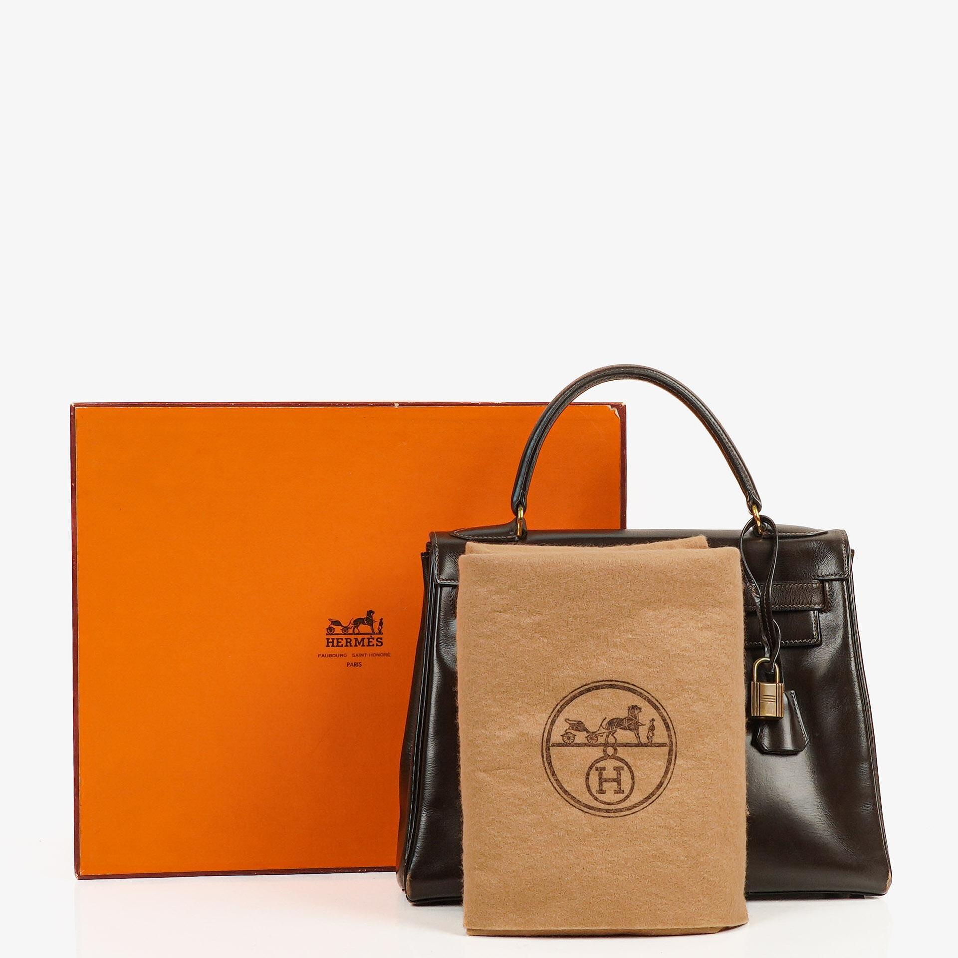 Hermes Kelly 28 Retourne Vintage Chocolate Box Calf With Gold Hardware, 1965