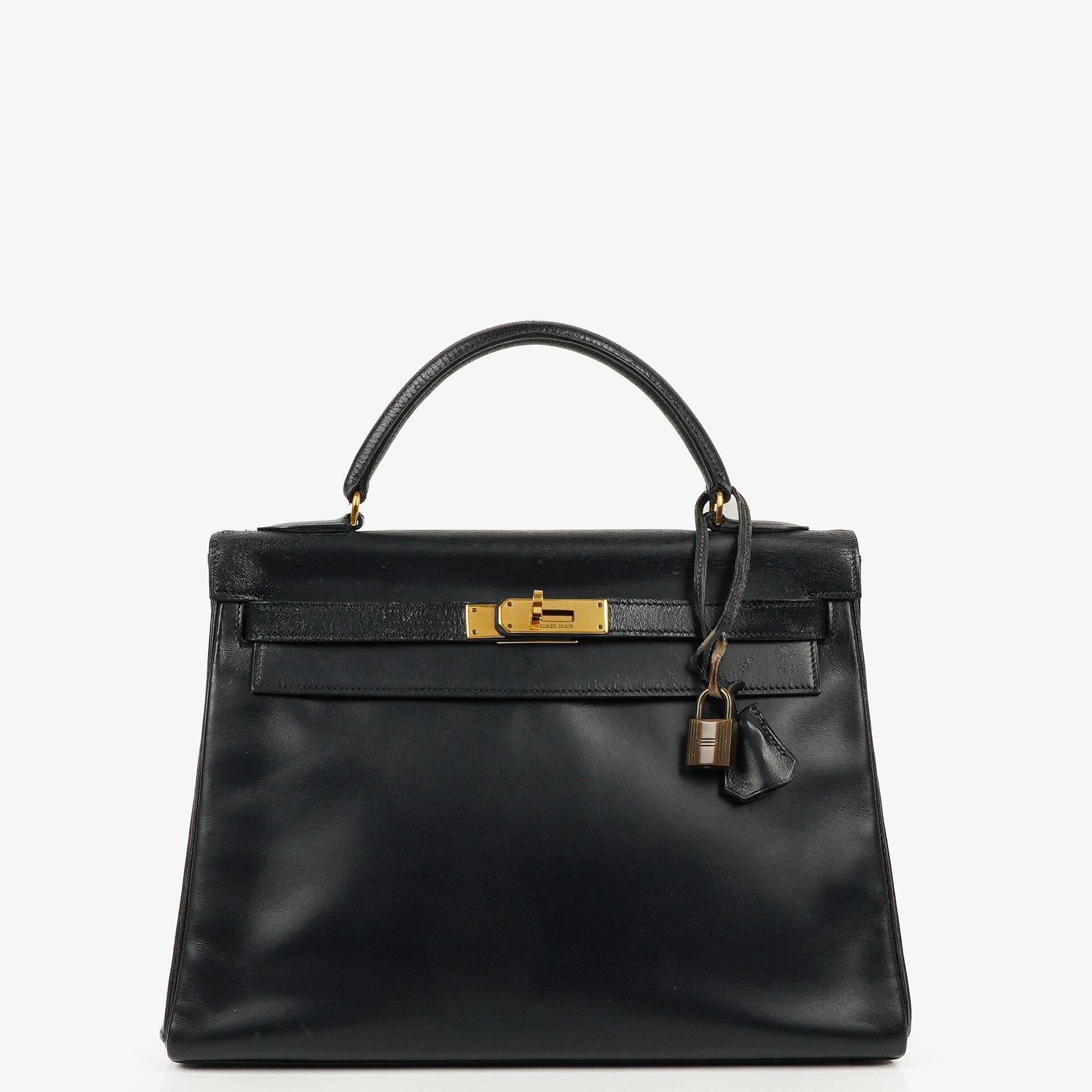 Hermes Kelly 32 Retourne Vintage Navy Box Calf With Gold Hardware, 1978