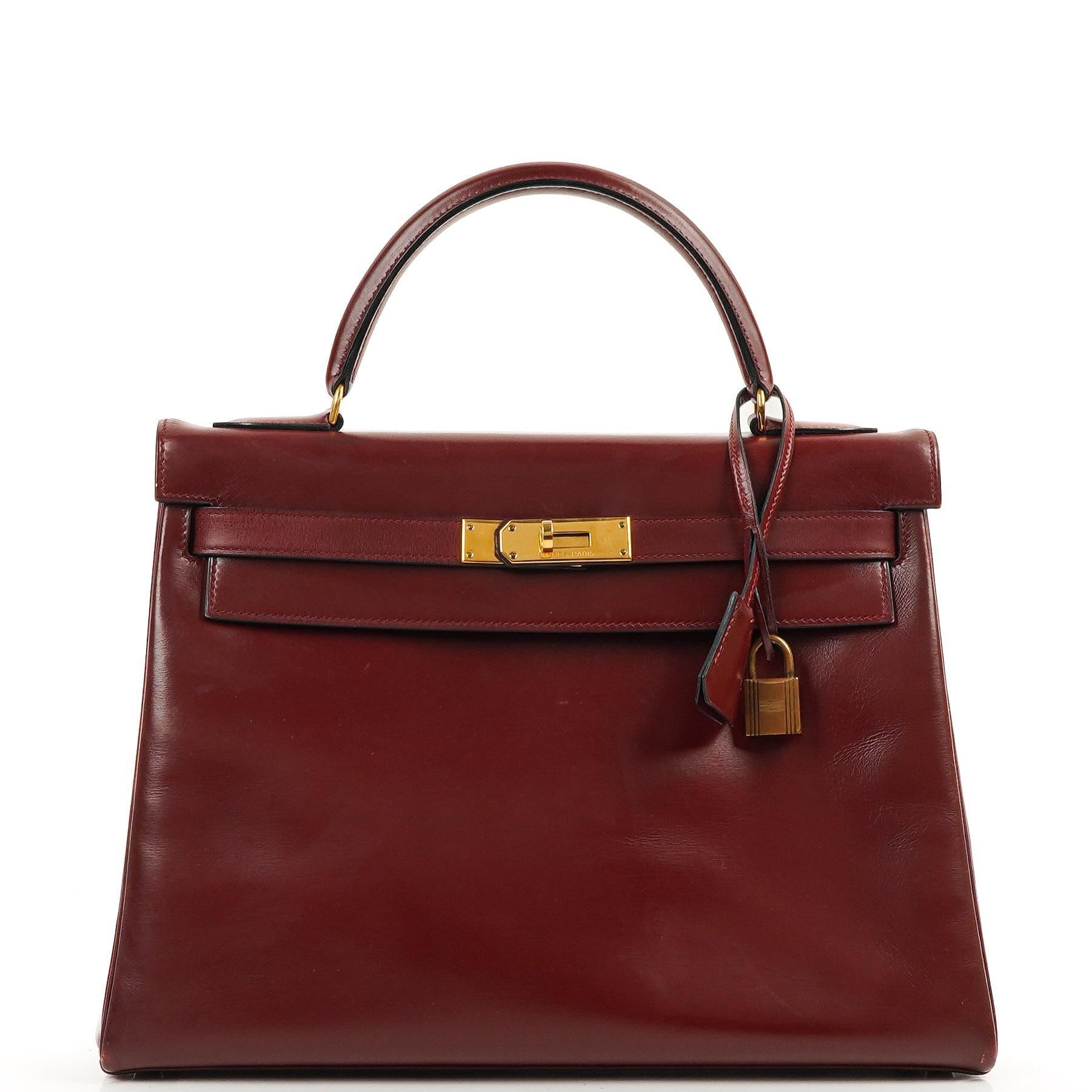 Hermes Kelly 32 Retourne Vintage Rouge H Box Calf Gold Hardware, 1983