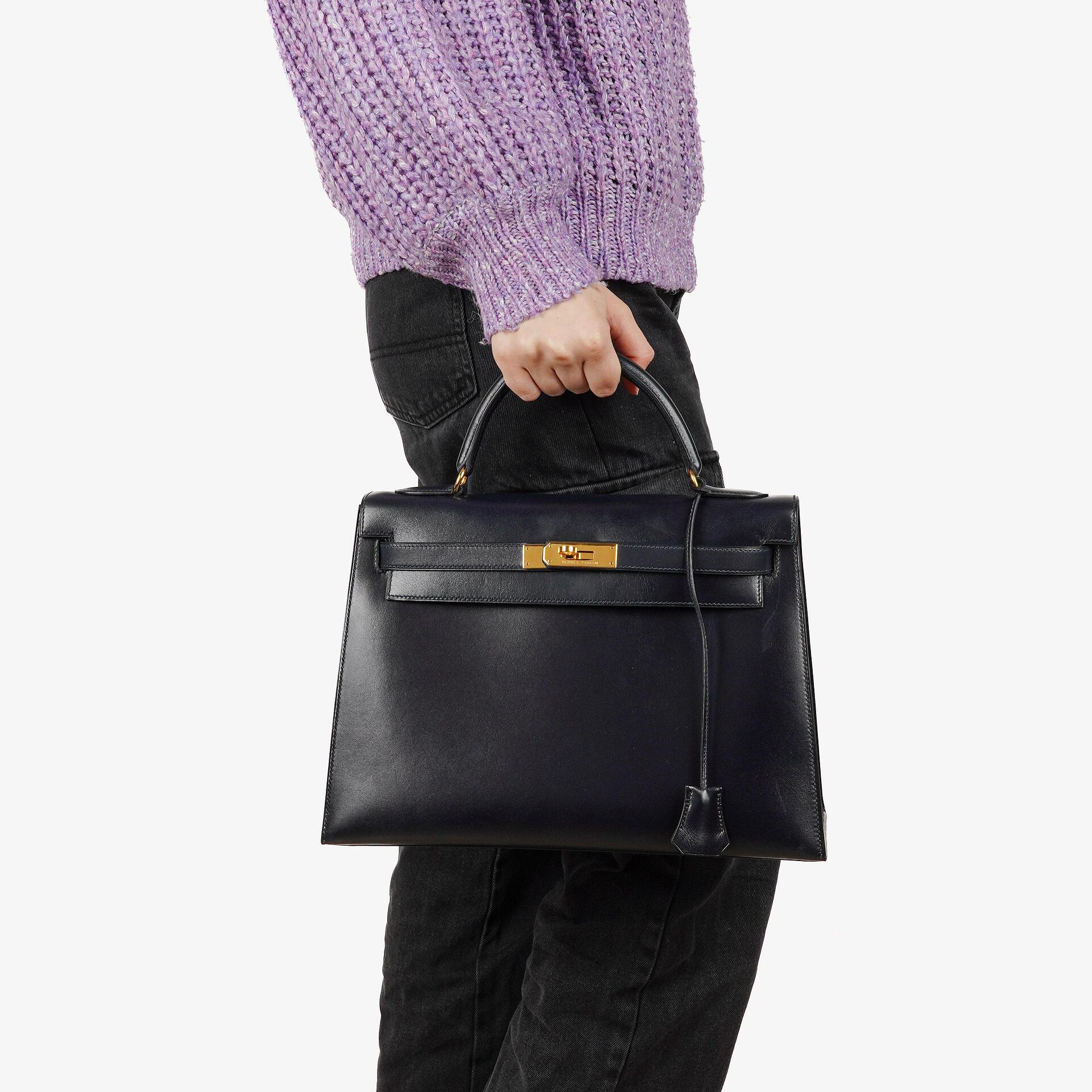 Hermes Kelly 32 Sellier Vintage Bleu Marine Box Calf With Gold Hardware, 1995