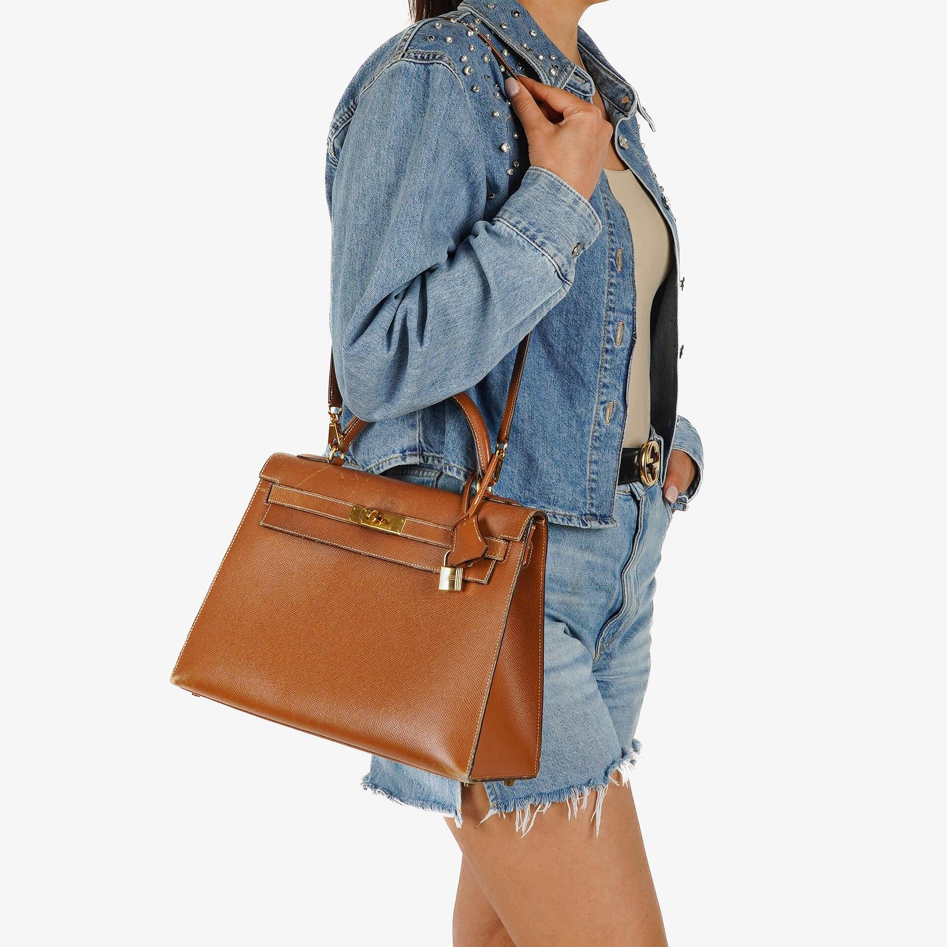 Hermes Kelly 32 Sellier Vintage Gold Courchevel Leather With Gold Hardware, 1998