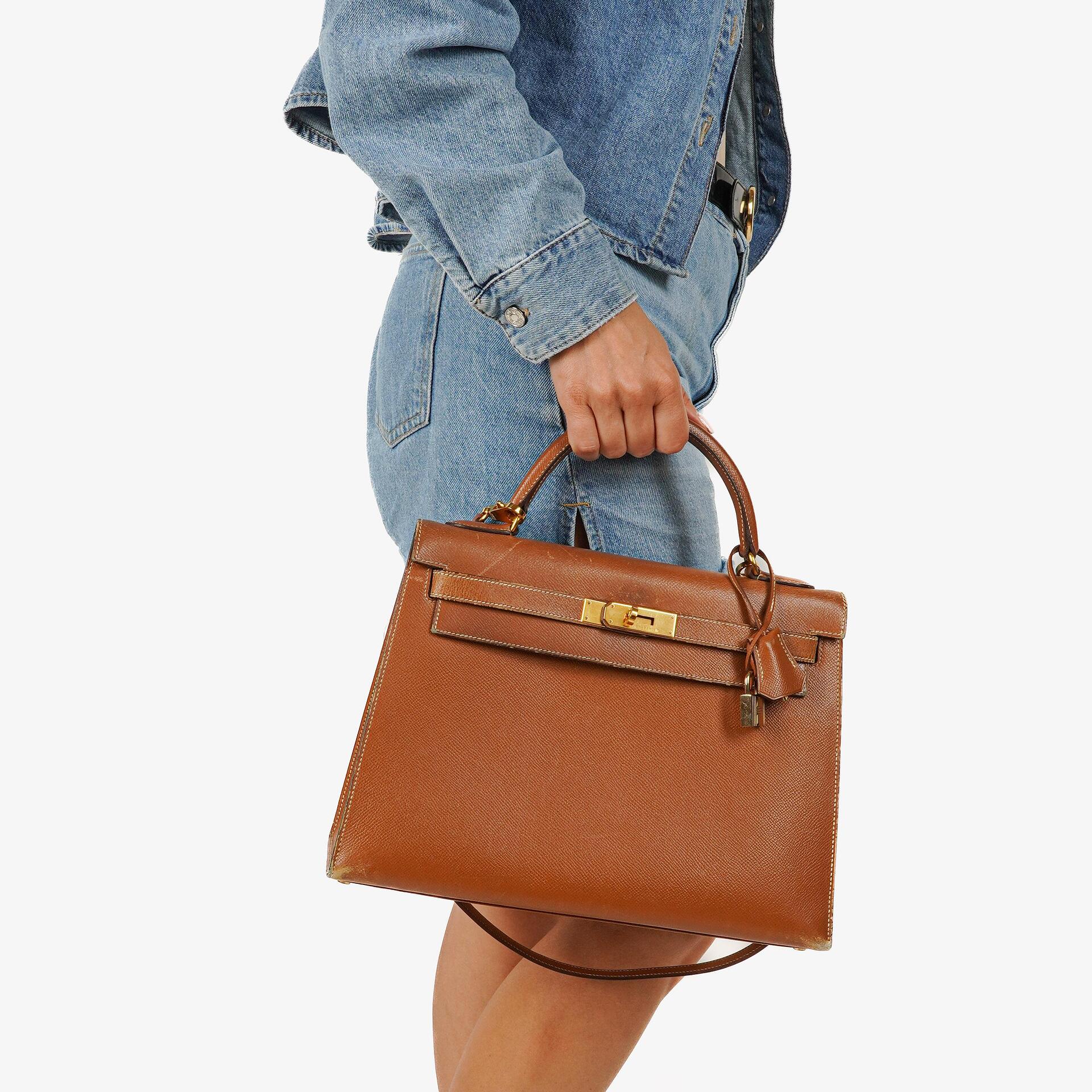 Hermes Kelly 32 Sellier Vintage Gold Courchevel Leather With Gold Hardware, 1998