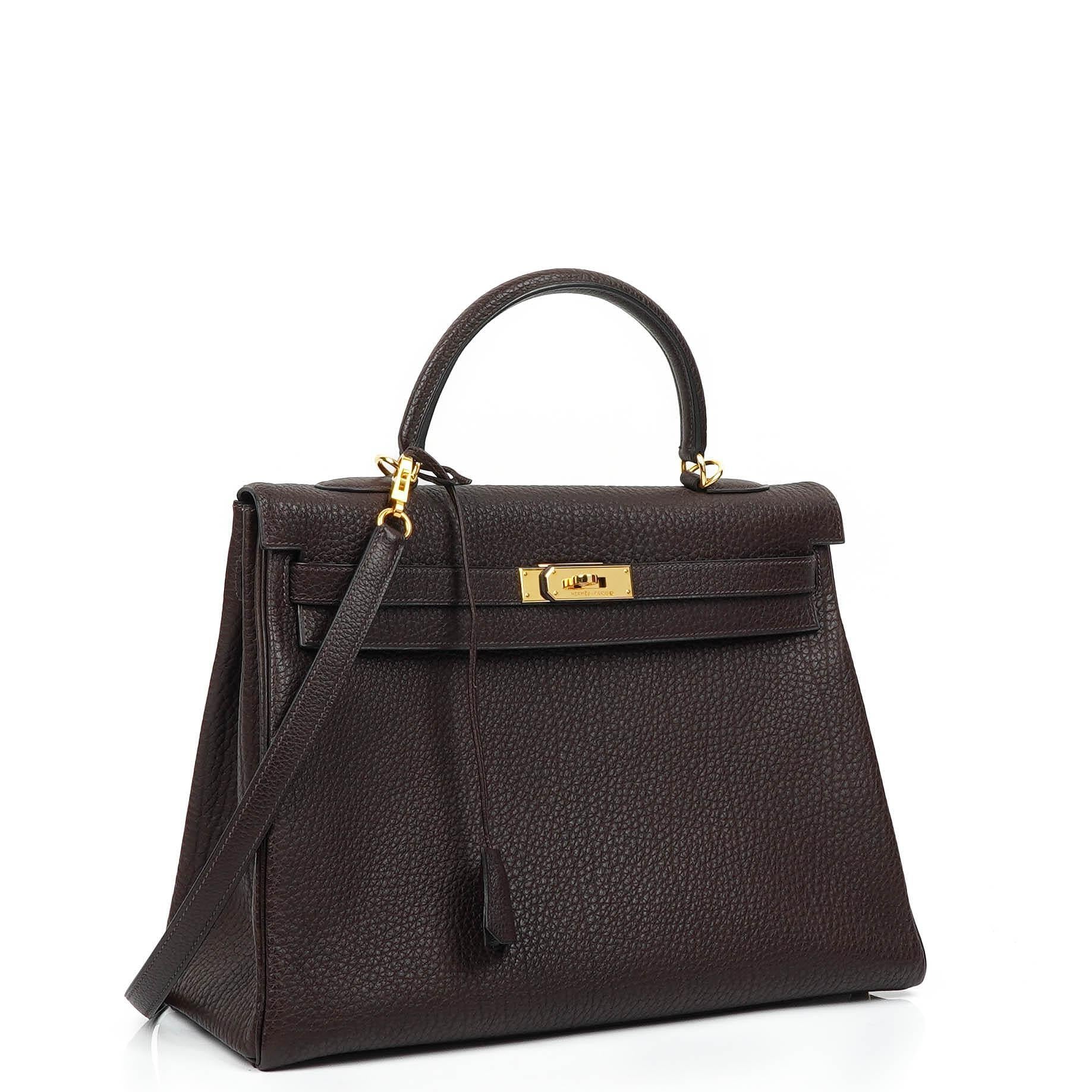 Hermès Kelly 35 Retourne Marron Fonce Fjord Leather With Gold Hardware