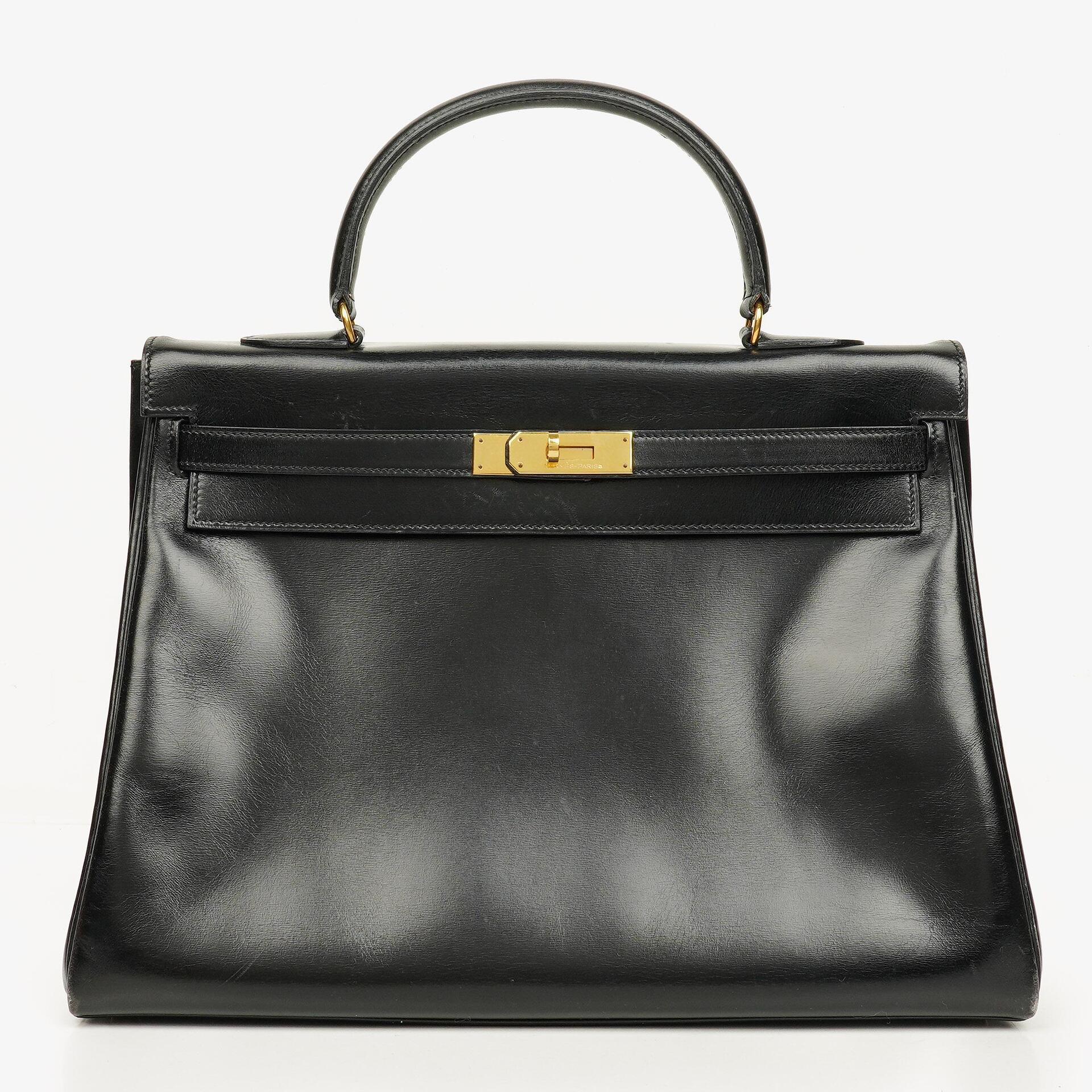 Hermes Kelly 35 Retourne Vintage Black Box Calf Gold Hardware,1987