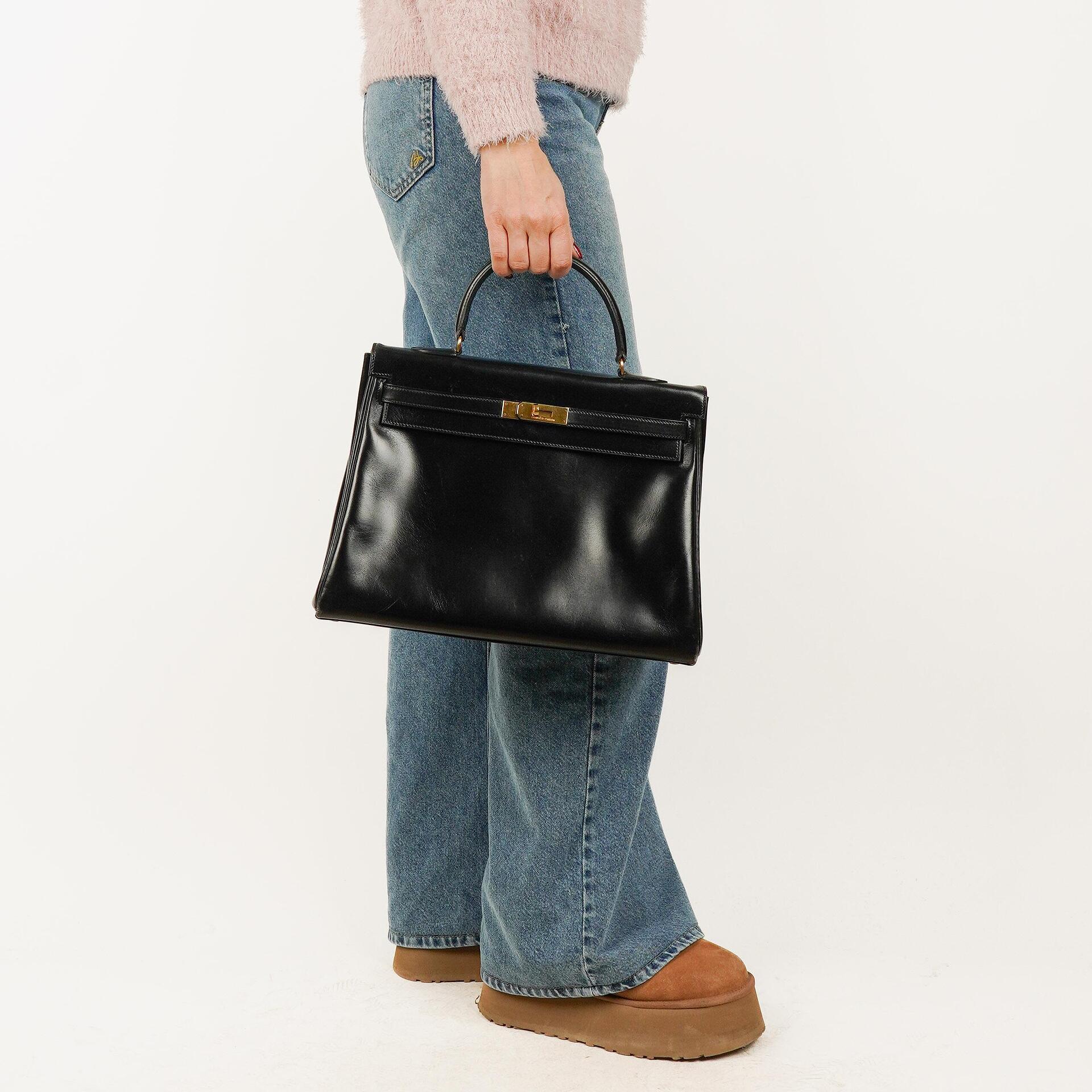 Hermes Kelly 35 Retourne Vintage Black Box Calf Gold Hardware,1987