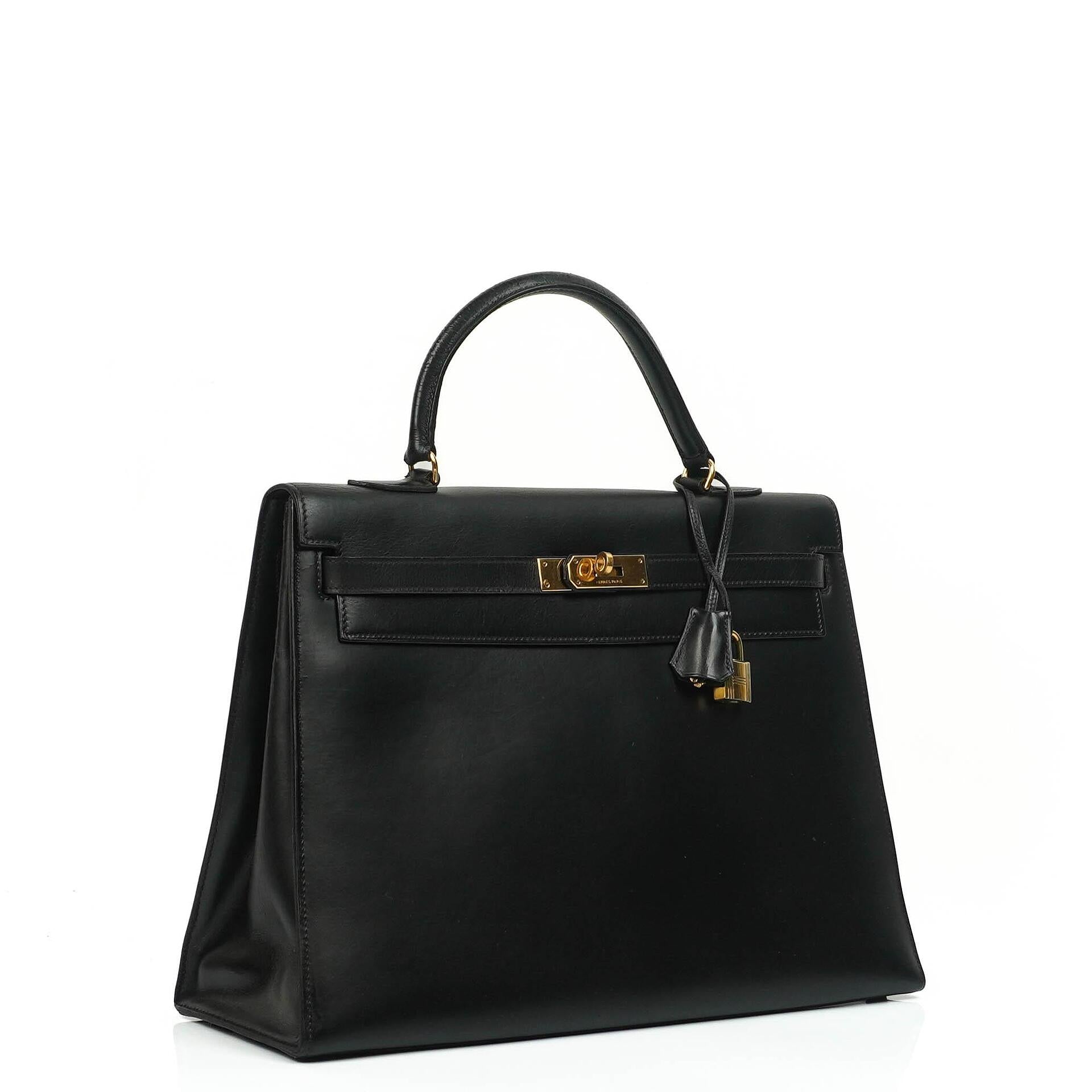 Hermes Kelly 35 Sellier Vintage Black Box Calf With Gold Hardware, 1977