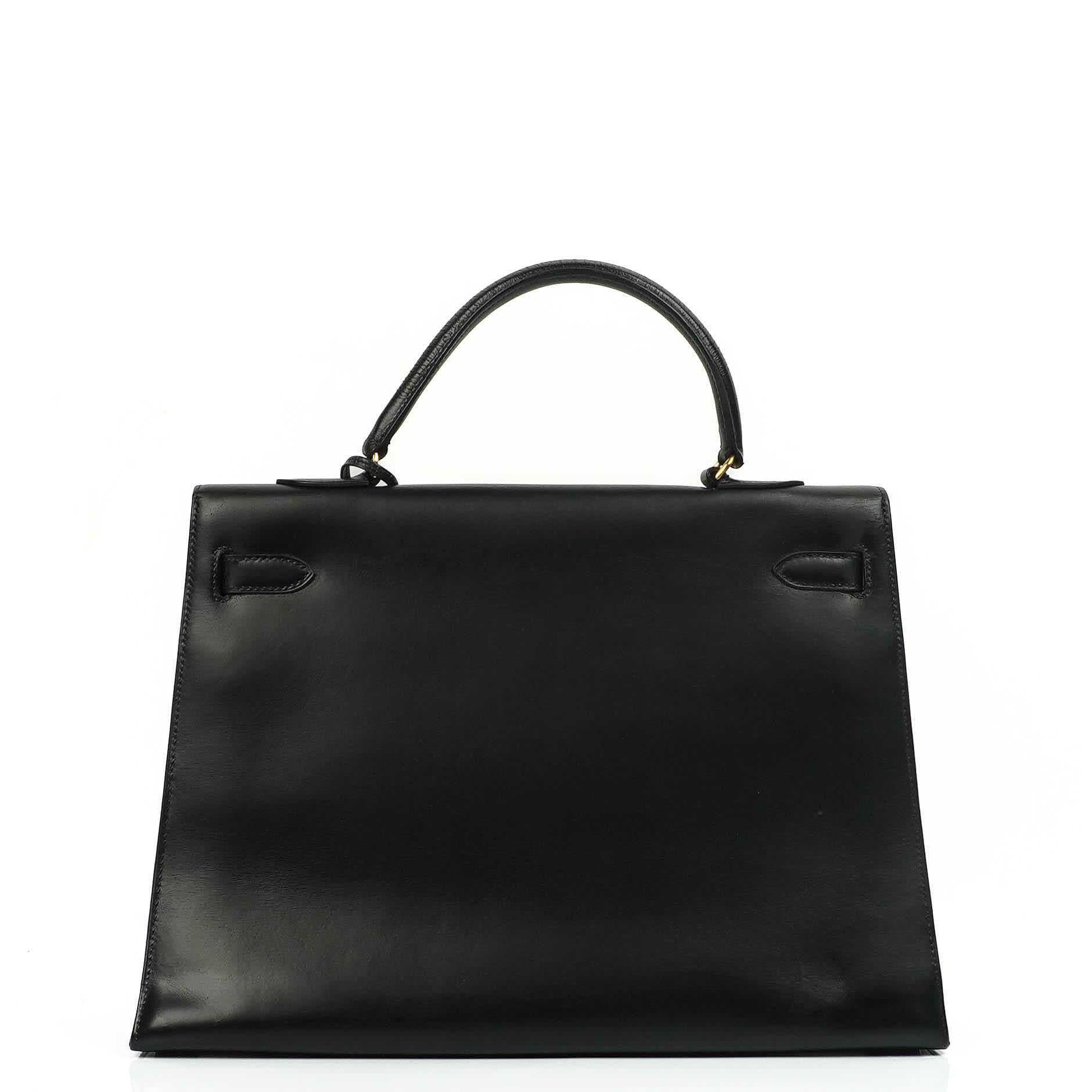 Hermes Kelly 35 Sellier Vintage Black Box Calf With Gold Hardware, 1977