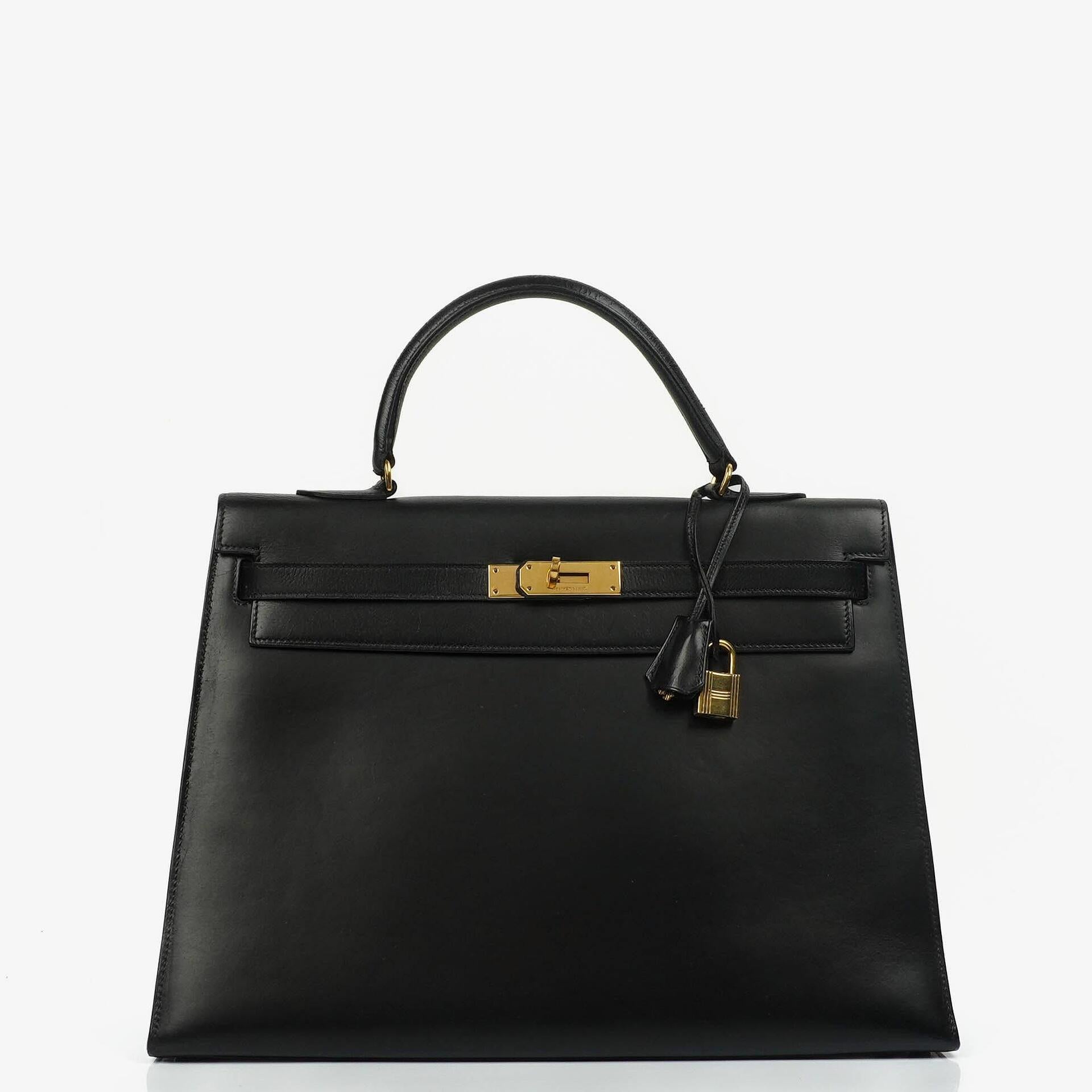 Hermes Kelly 35 Sellier Vintage Black Box Calf With Gold Hardware, 1977