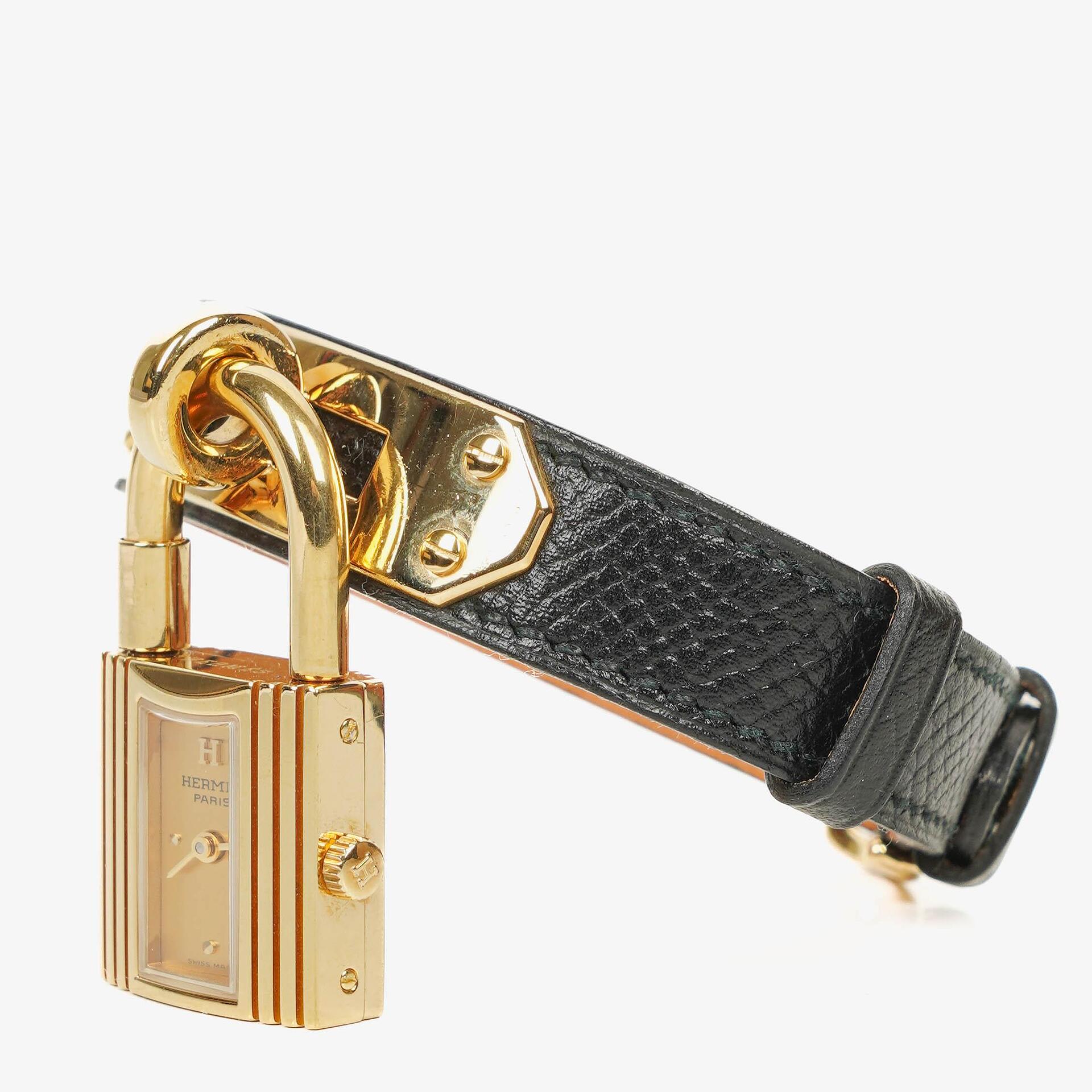 Hermes Kelly Noir Courchevel Leather Gold Plated Watch