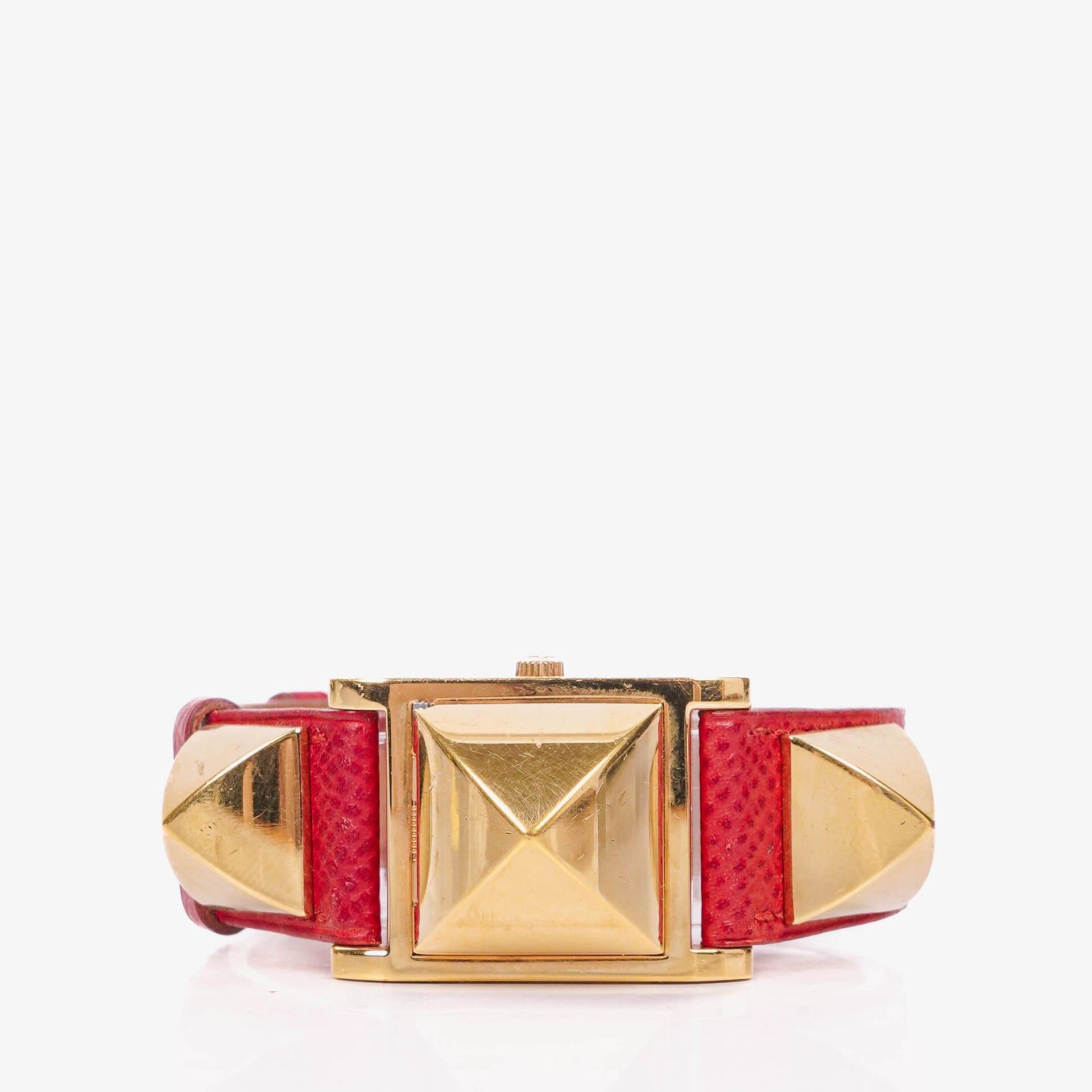 Hermes Medor Red Courchevel Leather Gold Plated Watch With Pyramid Stud Case