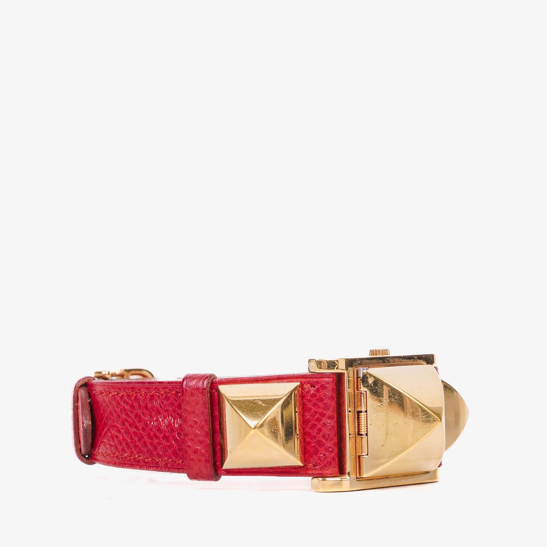 Hermes Medor Red Courchevel Leather Gold Plated Watch With Pyramid Stud Case