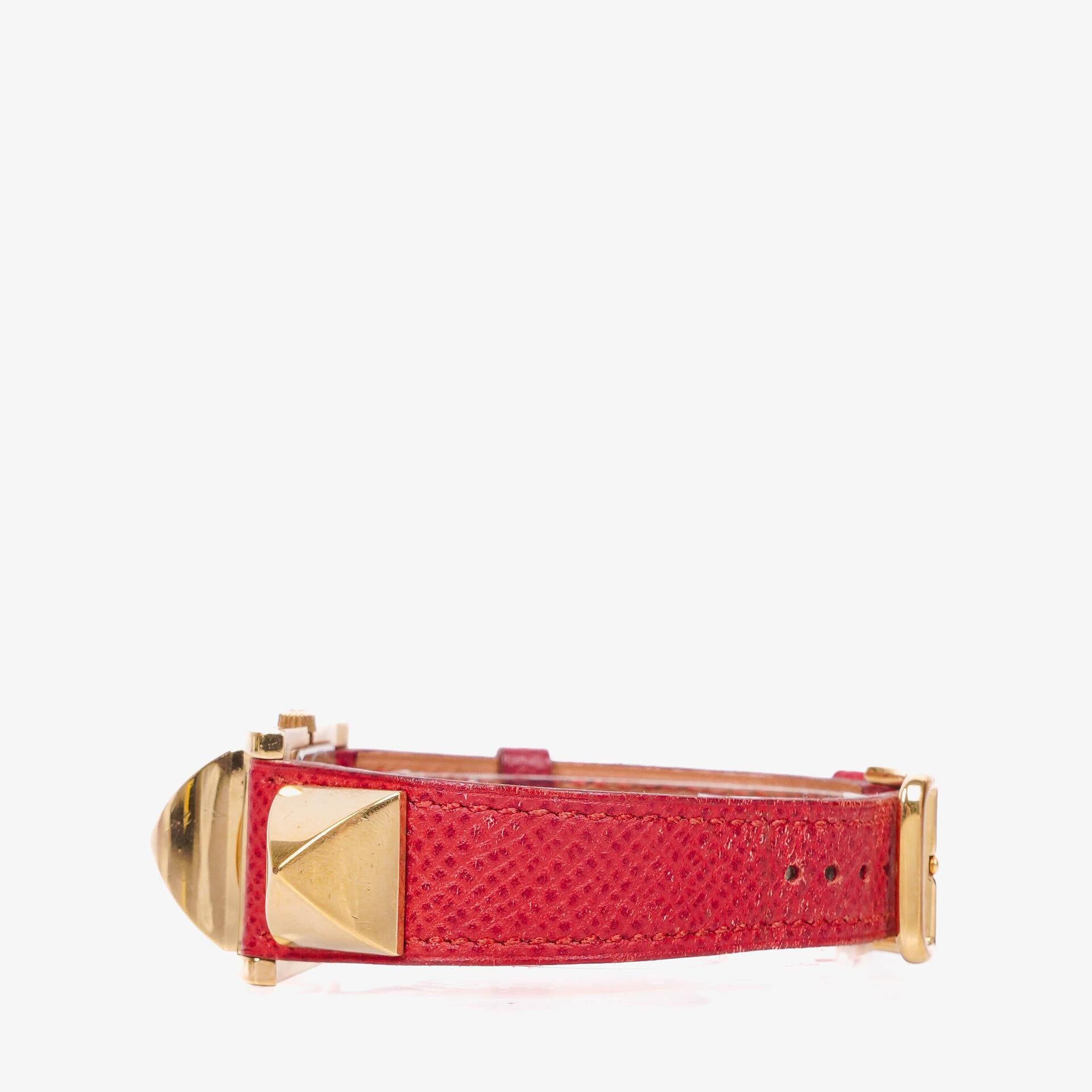 Hermes Medor Red Courchevel Leather Gold Plated Watch With Pyramid Stud Case