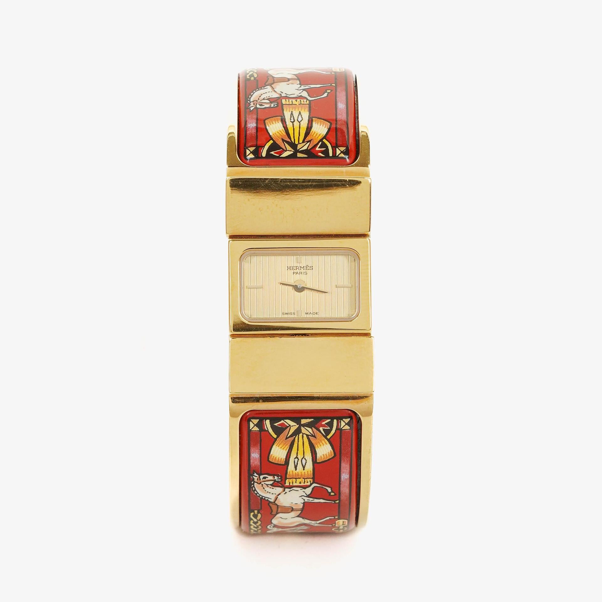 Hermes Red Equestrian Enamel and Gold Plated Loquet Bangle Quartz Watch L01.200