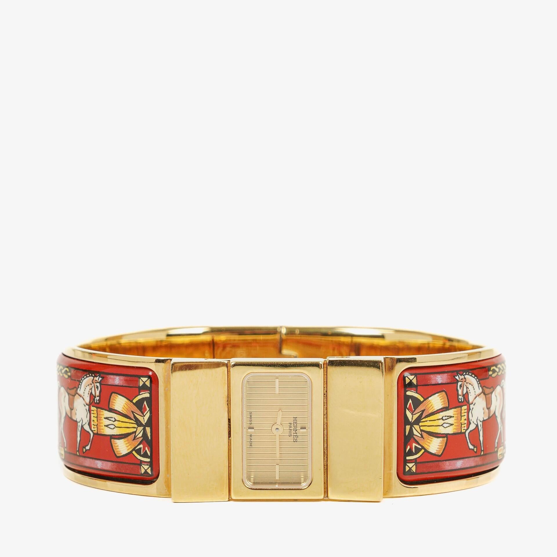 Hermes Red Equestrian Enamel and Gold Plated Loquet Bangle Quartz Watch L01.200