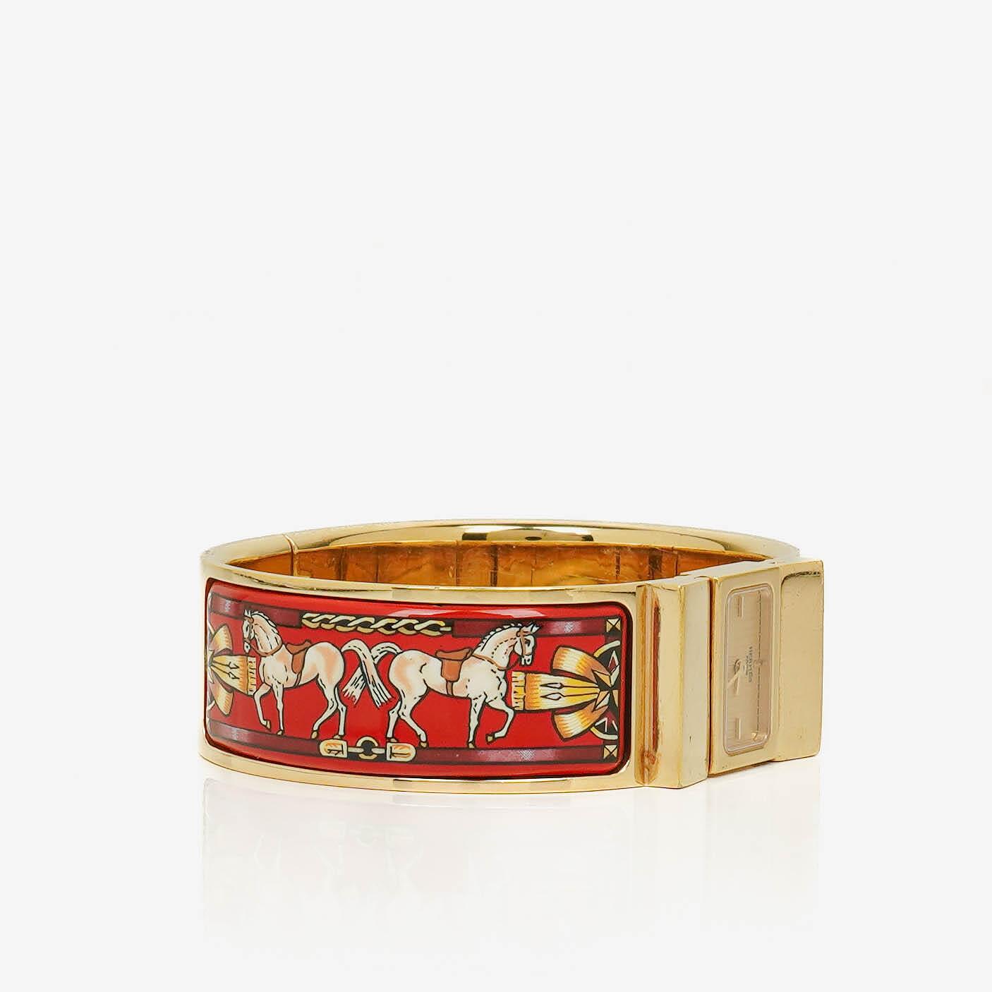 Hermes Red Equestrian Enamel and Gold Plated Loquet Bangle Quartz Watch L01.201