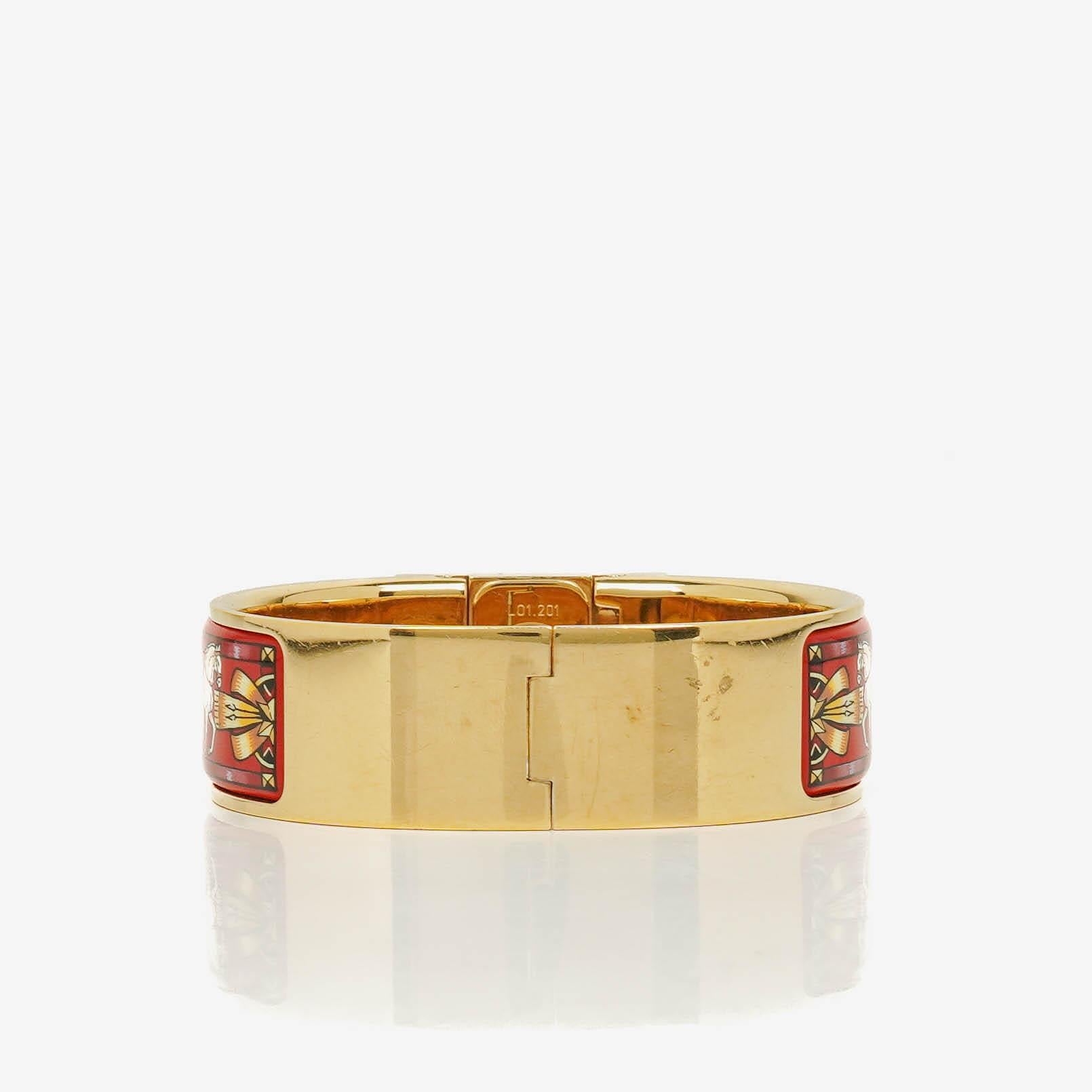 Hermes Red Equestrian Enamel and Gold Plated Loquet Bangle Quartz Watch L01.201