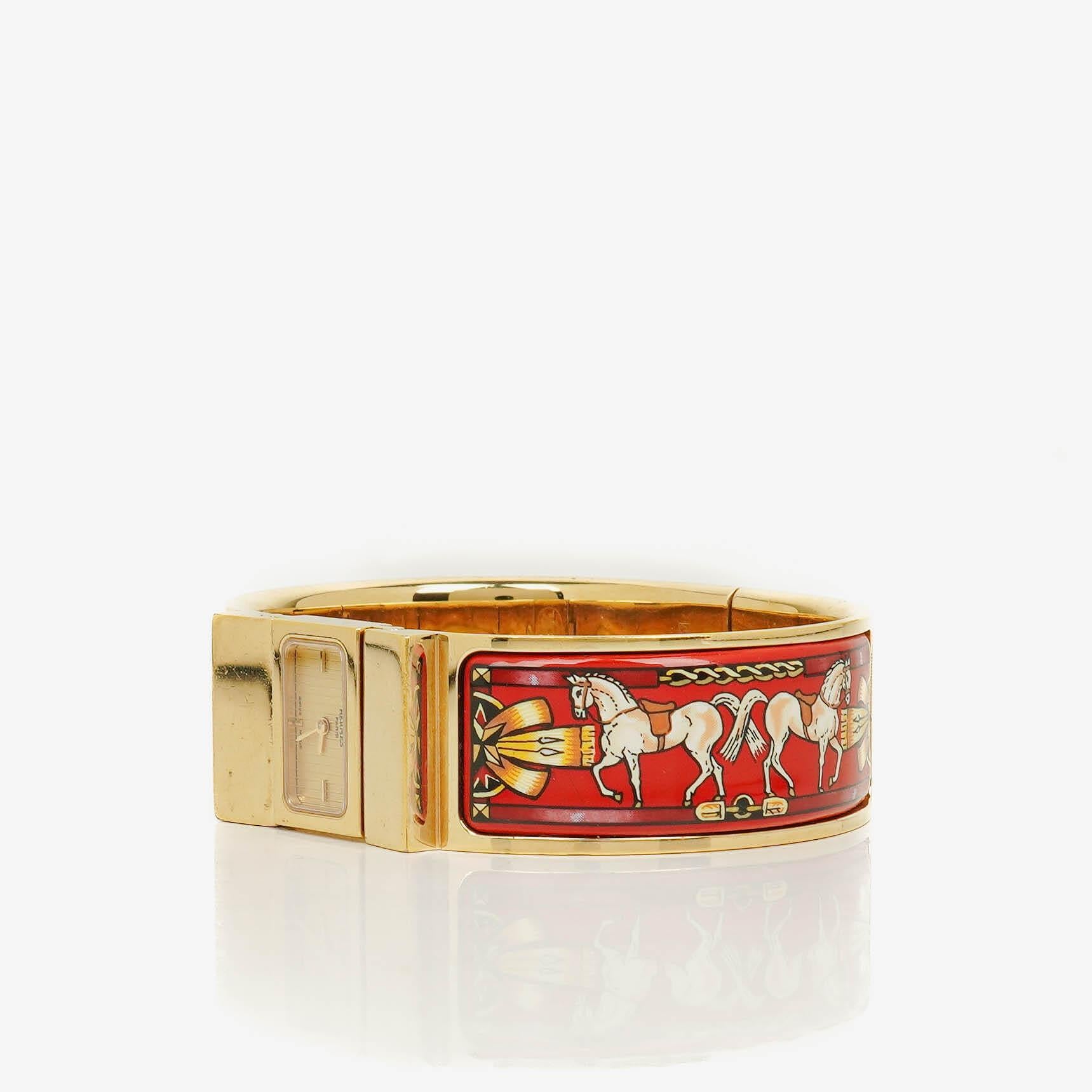 Hermes Red Equestrian Enamel and Gold Plated Loquet Bangle Quartz Watch L01.201