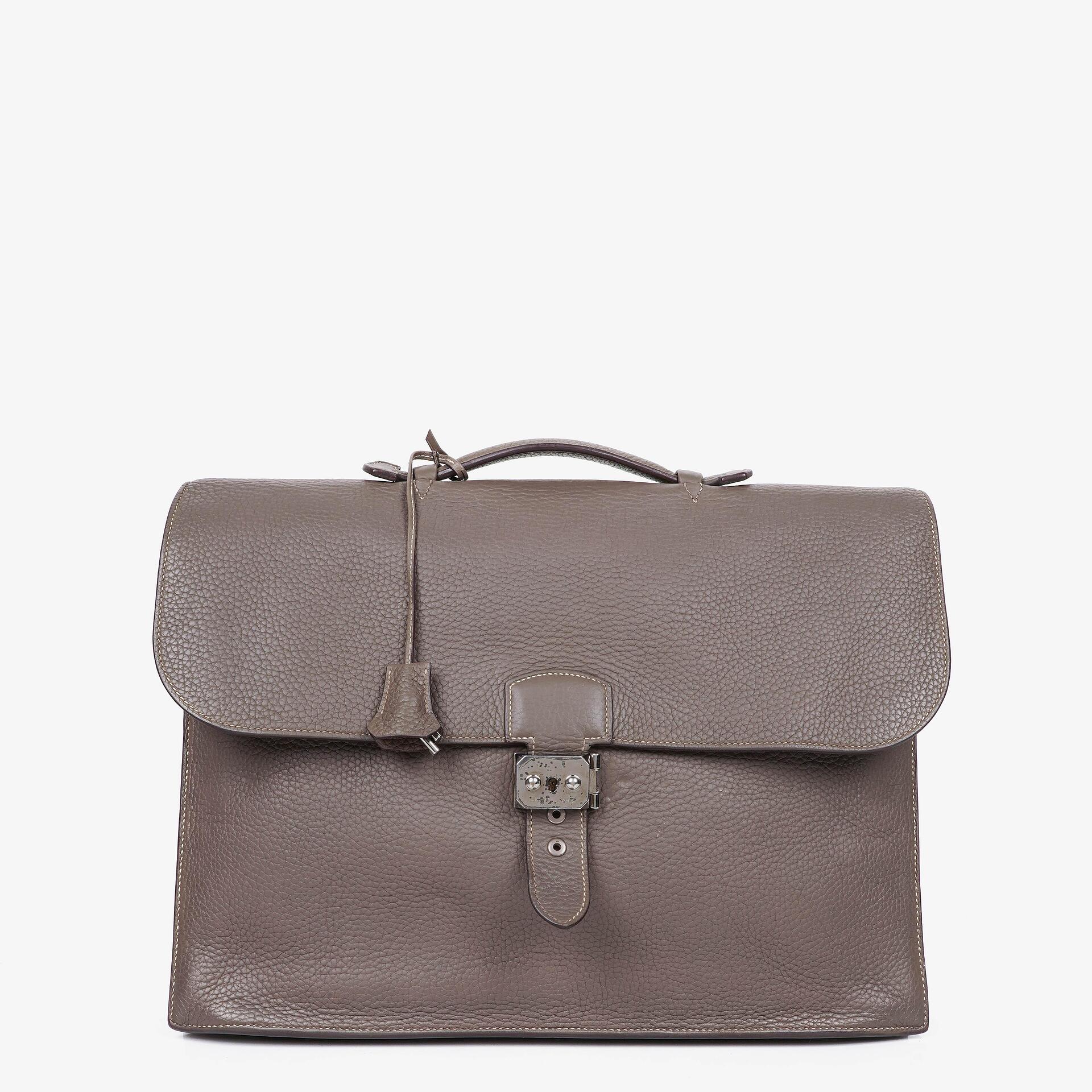 Hermes Sac a Depeches Gris Tourterelle Clemence Leather Palladium Plated 38cm Briefcase Bag