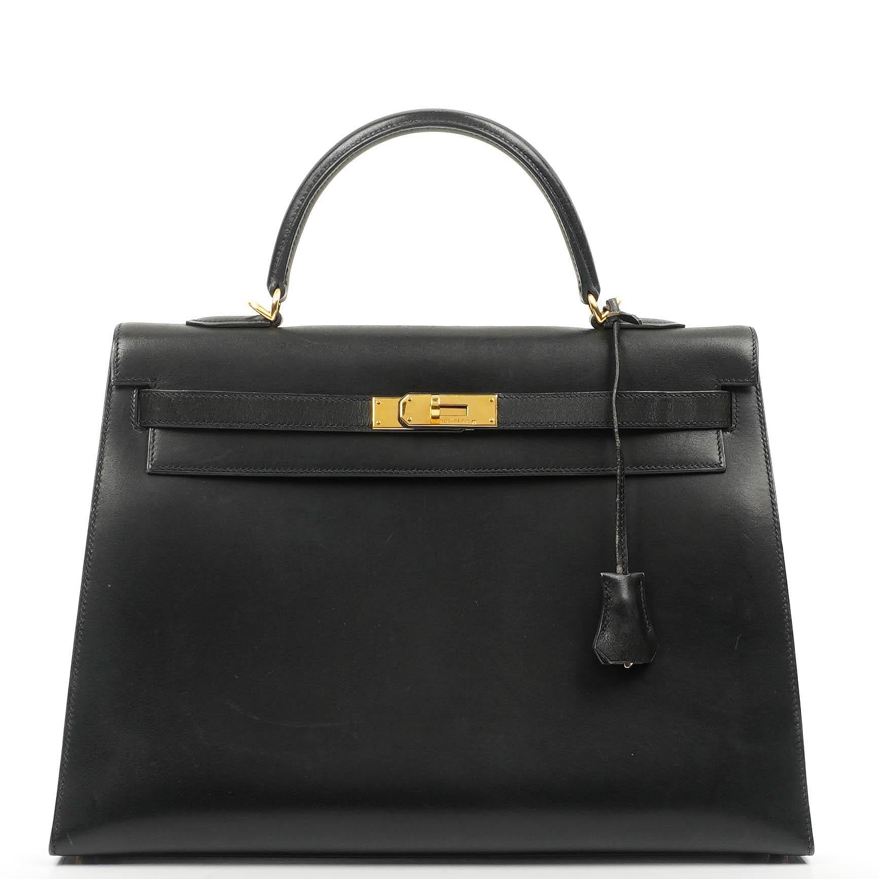 Hermès Vintage Kelly 35 Sellier Black Box Calf Gold Hardware