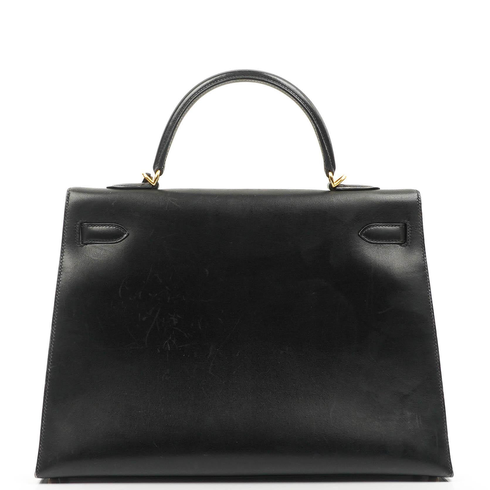 Hermès Vintage Kelly 35 Sellier Black Box Calf Gold Hardware