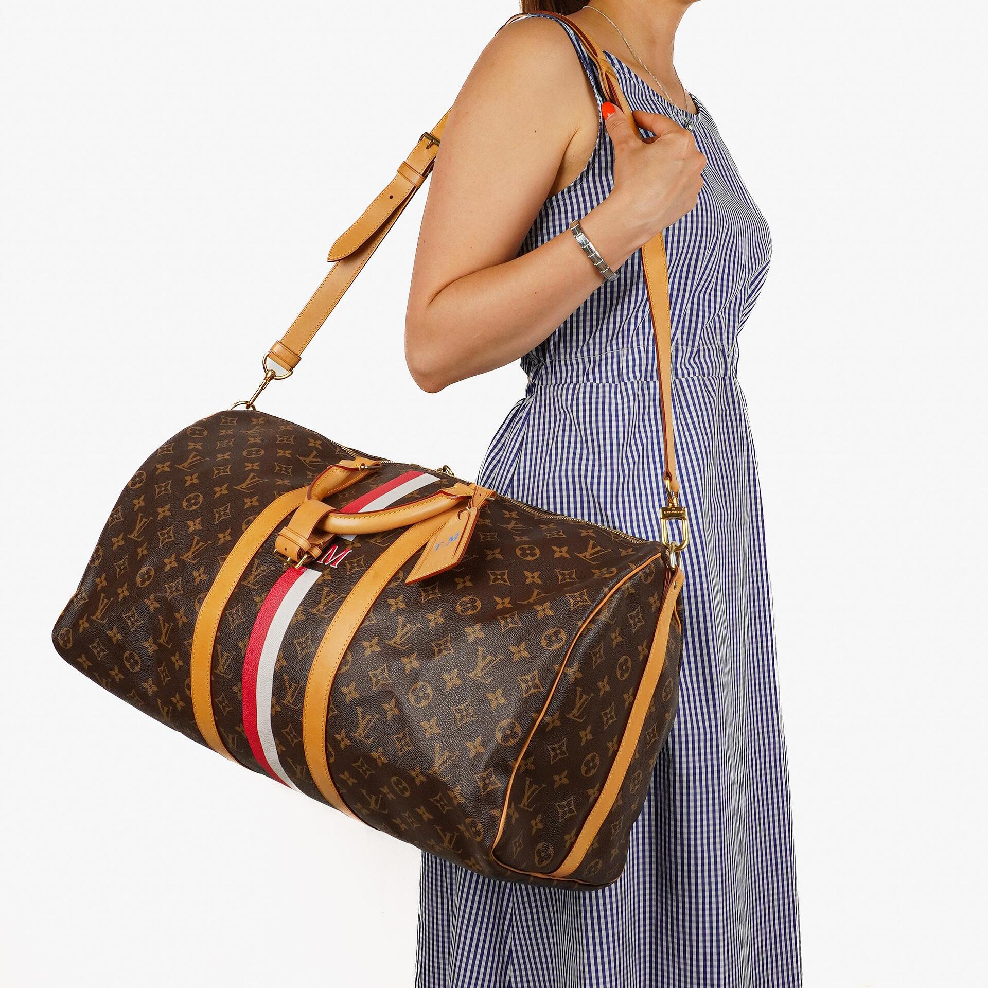 Louis Vuitton Keepall 50 Bandouliere Monogram Canvas Travel Bag With Personalised Hot Stamp