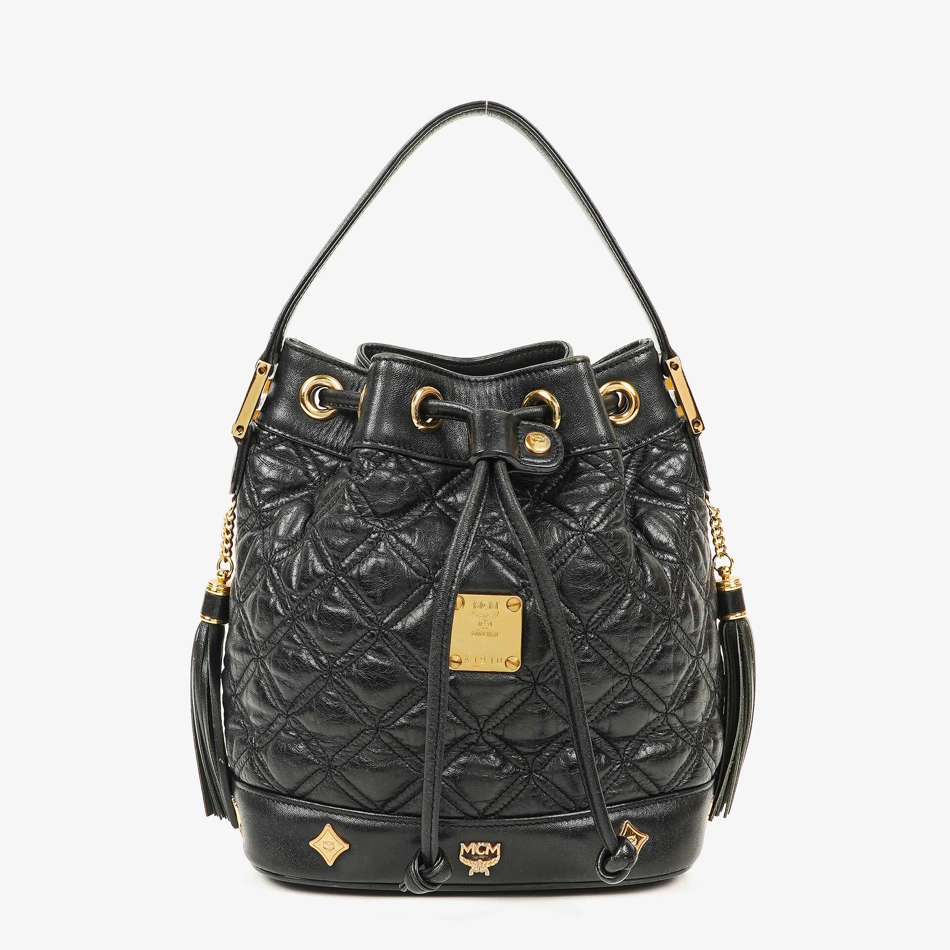 MCM Black Calfskin Quilted Studded Bucket Bag