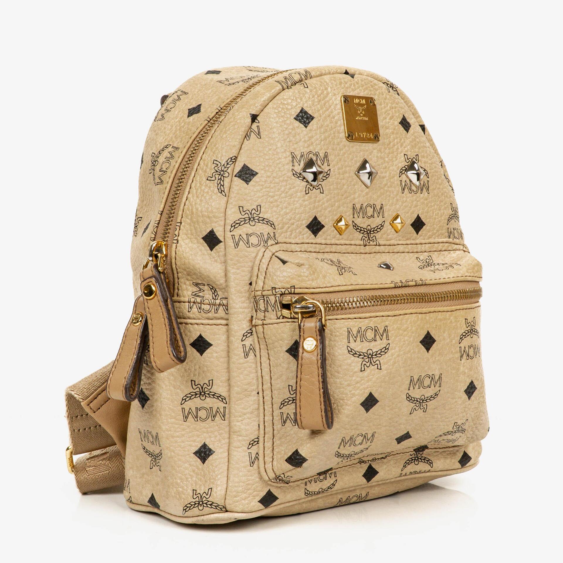 MCM Visetos Coated Studded Neutral Canvas Backpack