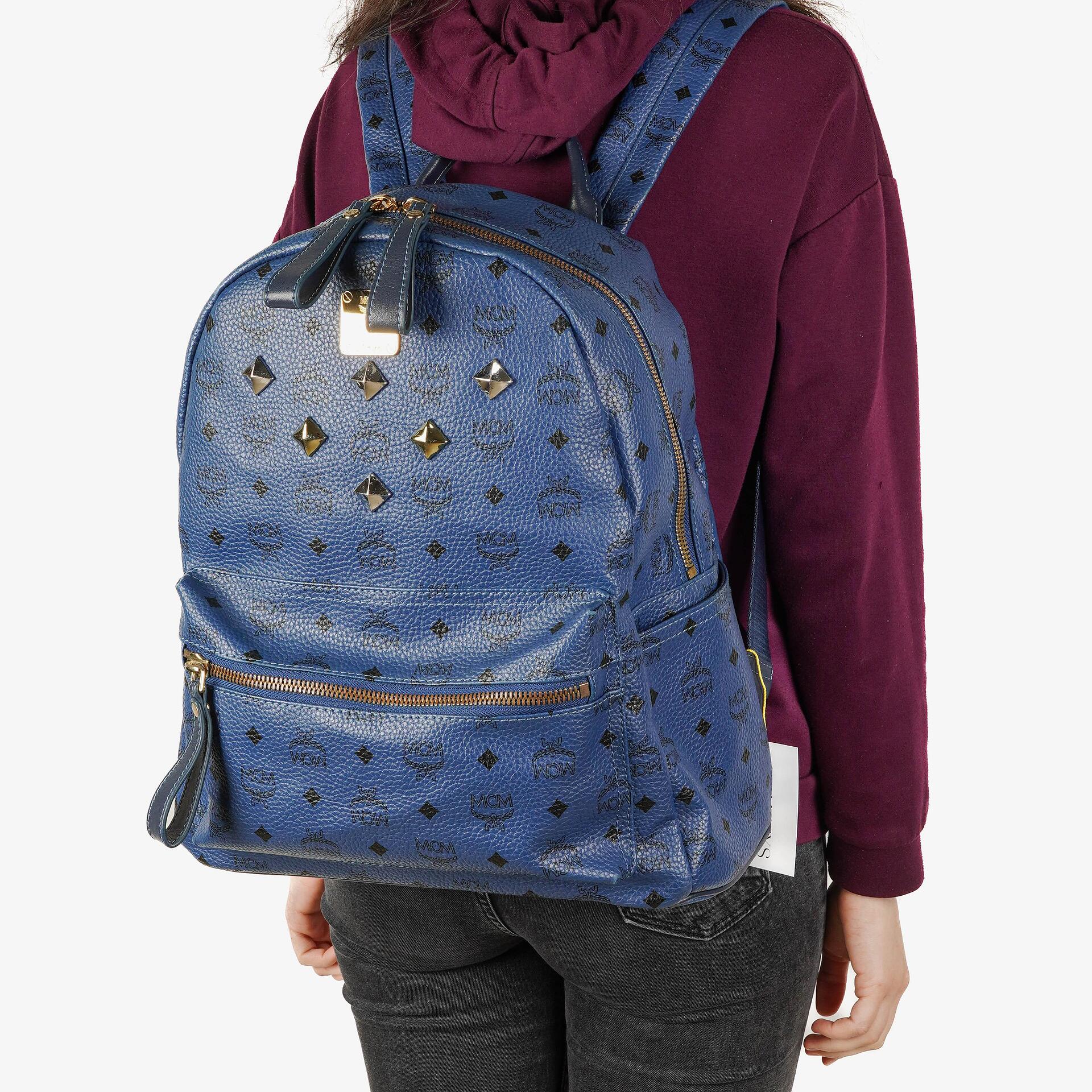 MCM Visetos Stark M Medium Studded Blue Backpack