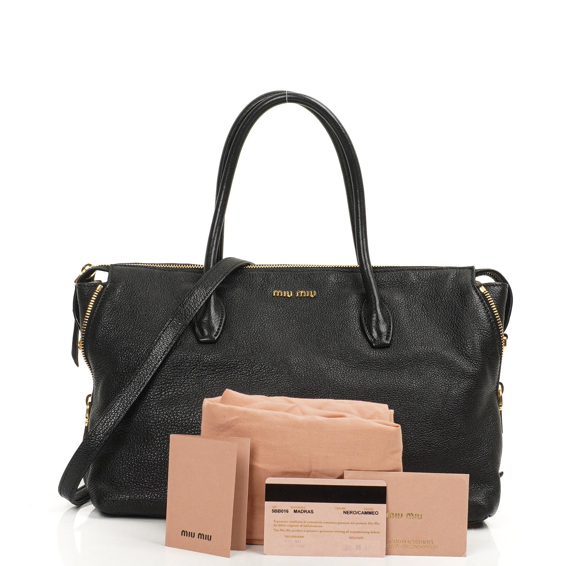 Miu Miu Madras Goatskin Zip Black Nero Convertible Tote Bag