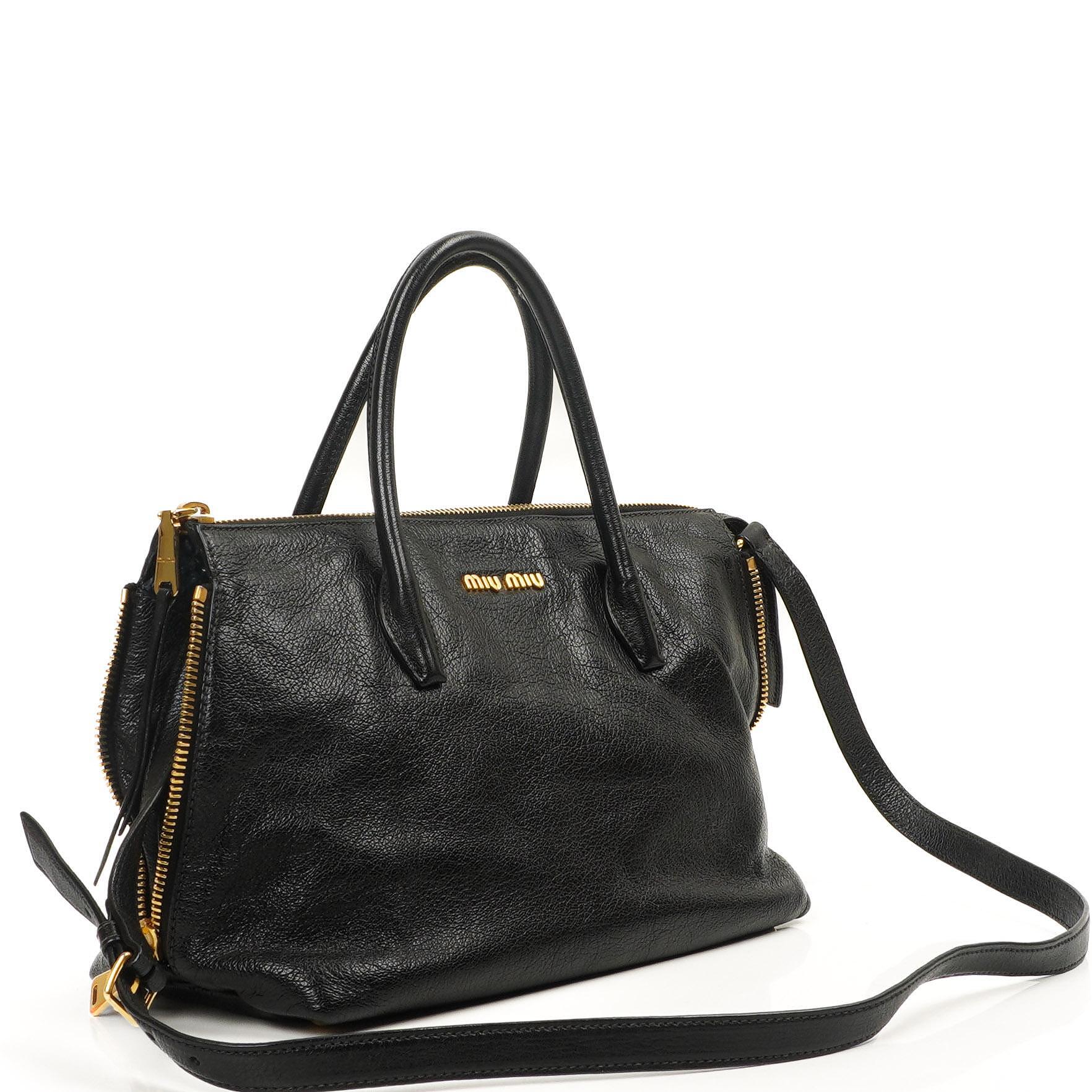 Miu Miu Madras Goatskin Zip Black Nero Convertible Tote Bag