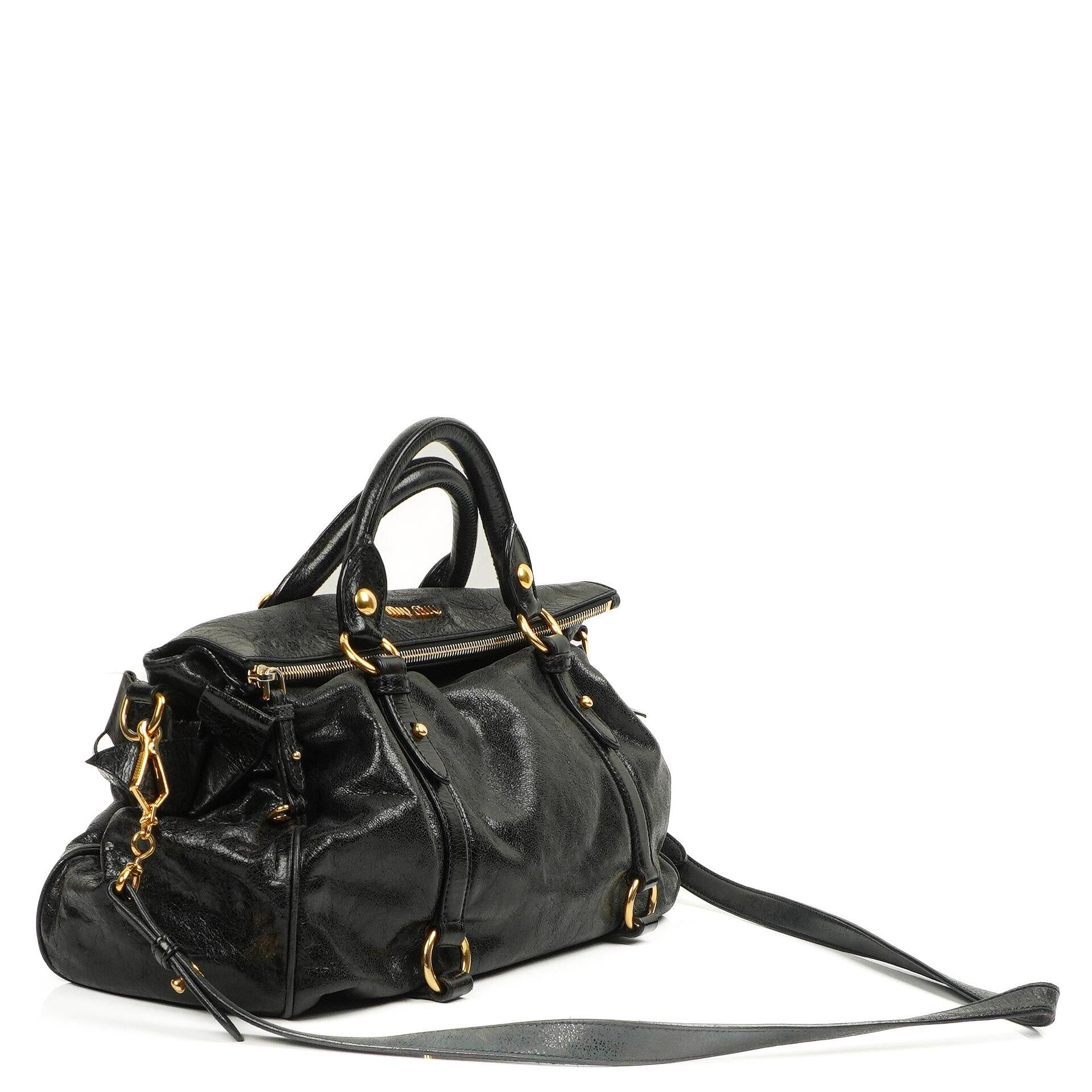 Miu Miu Vitello Lux Black Bow Satchel Bag