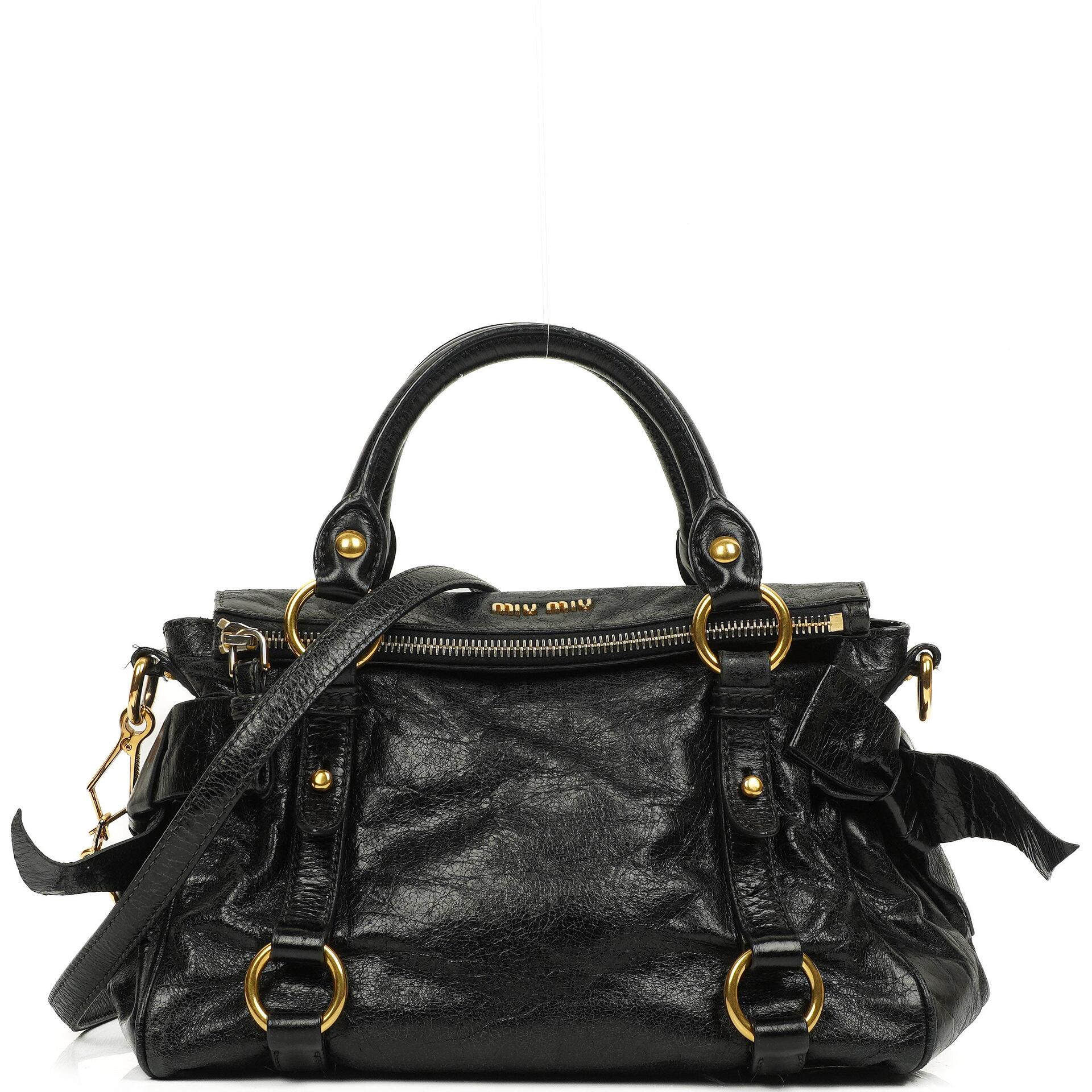 Miu Miu Vitello Lux Black Mini Bow Satchel Bag