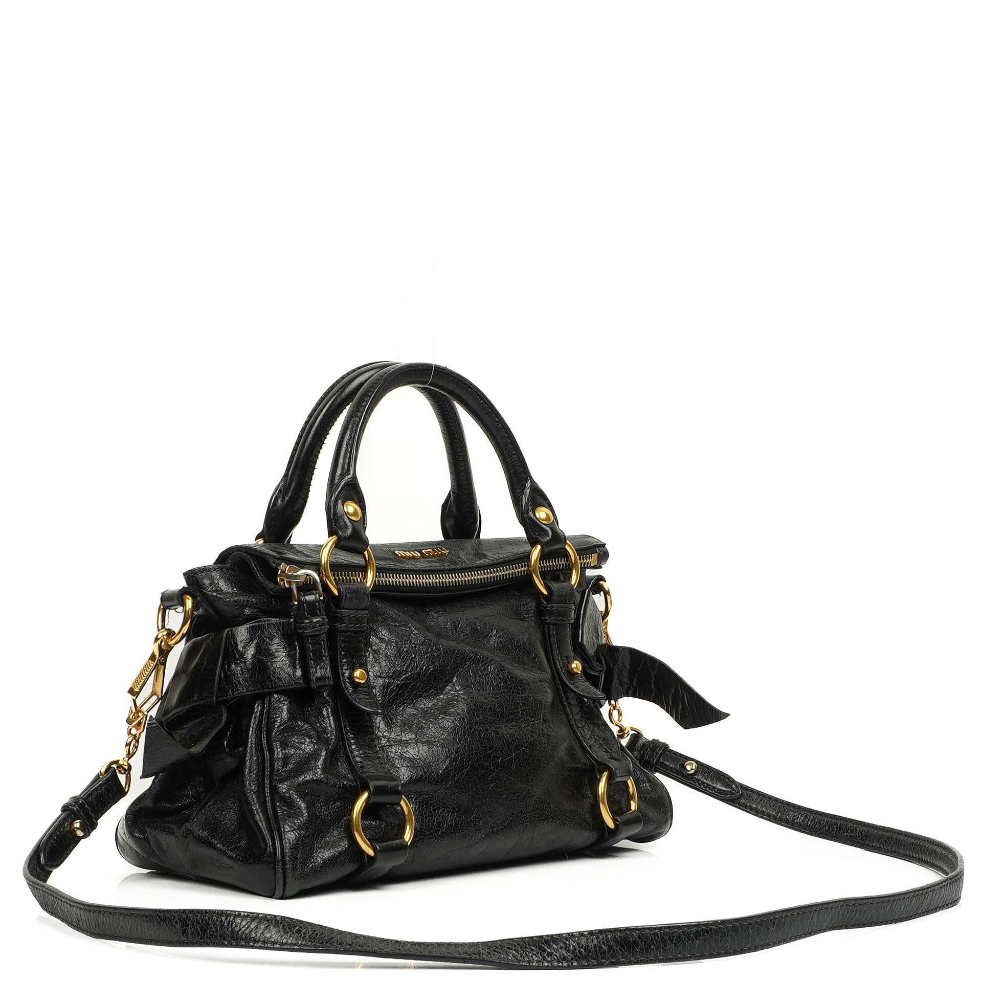 Miu Miu Vitello Lux Black Mini Bow Satchel Bag