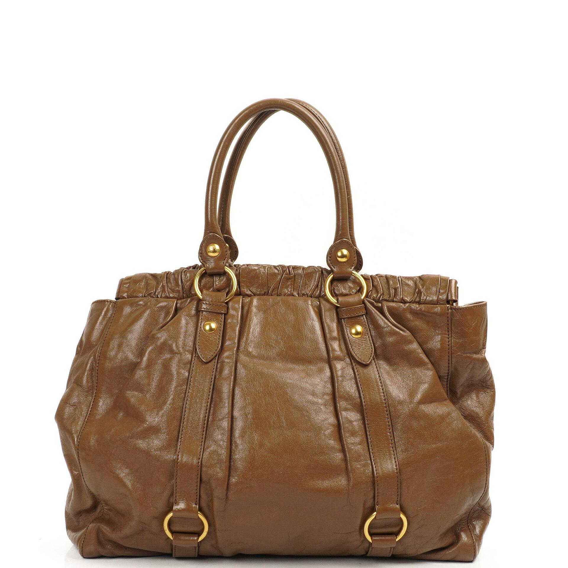 Miu Miu Vitello Shopping Tote Shine Lux Brown Satchel Bag