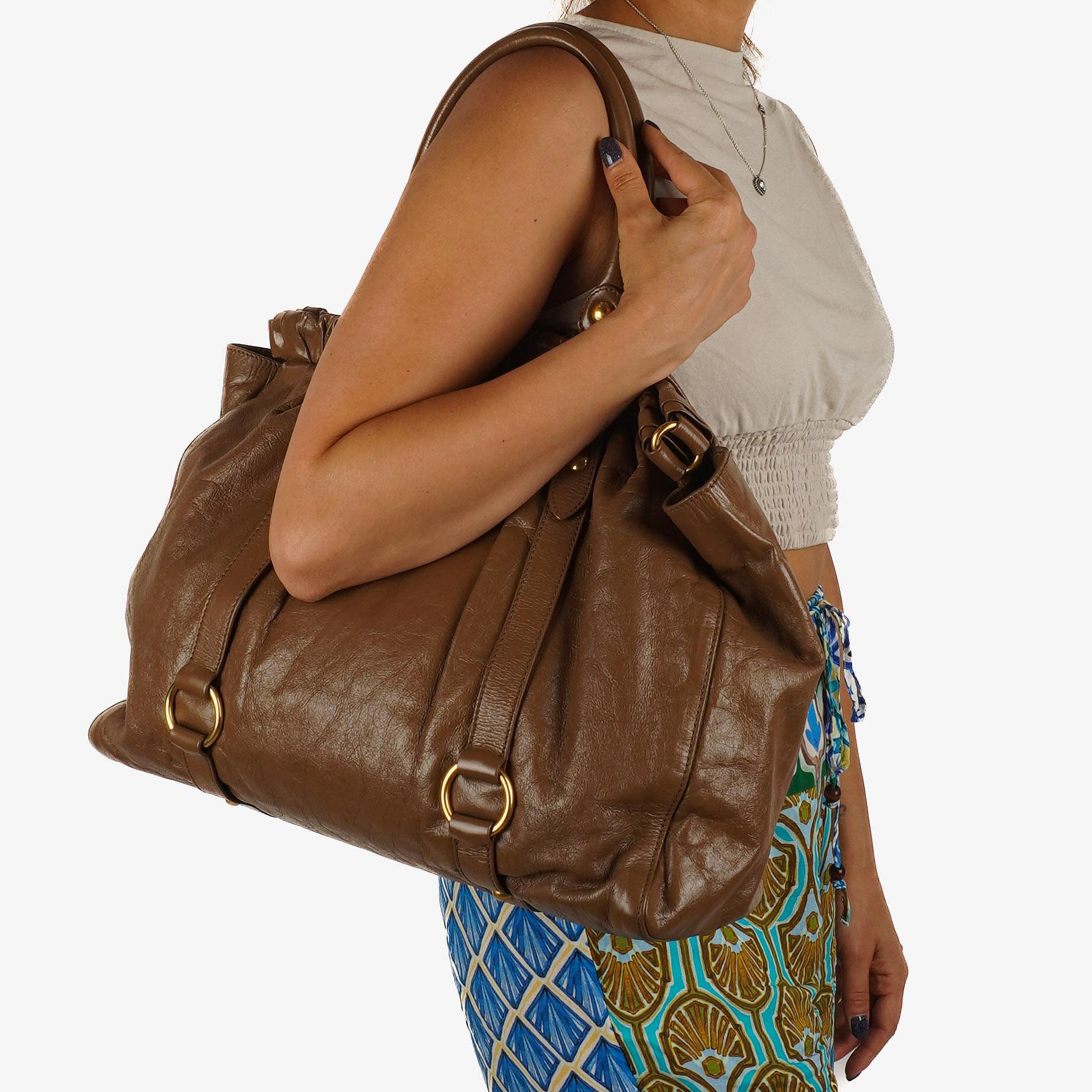 Miu Miu Vitello Shopping Tote Shine Lux Brown Satchel Bag