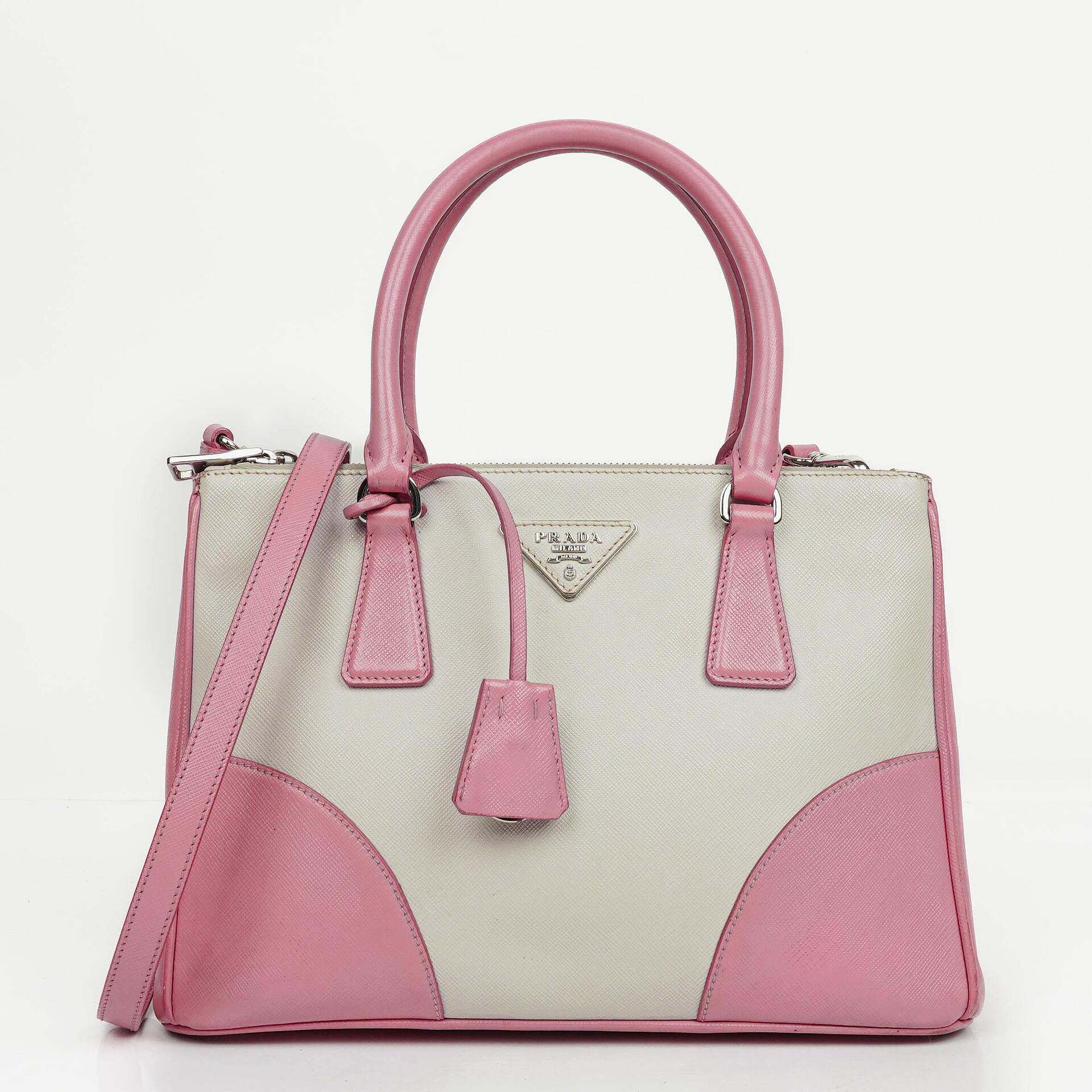Prada Saffiano Lux Small Bi-Color White Begonia Galleria Double Zip Tote Bag