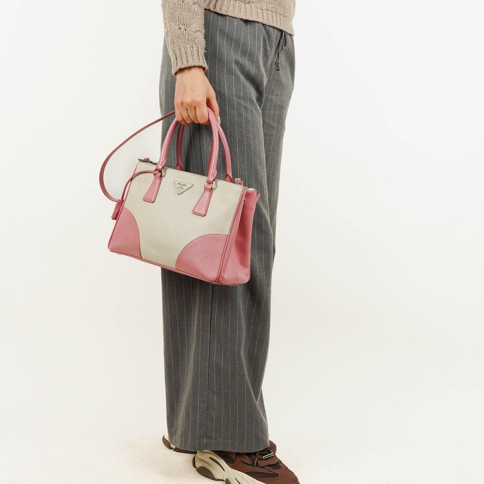 Prada Saffiano Lux Small Bi-Color White Begonia Galleria Double Zip Tote Bag