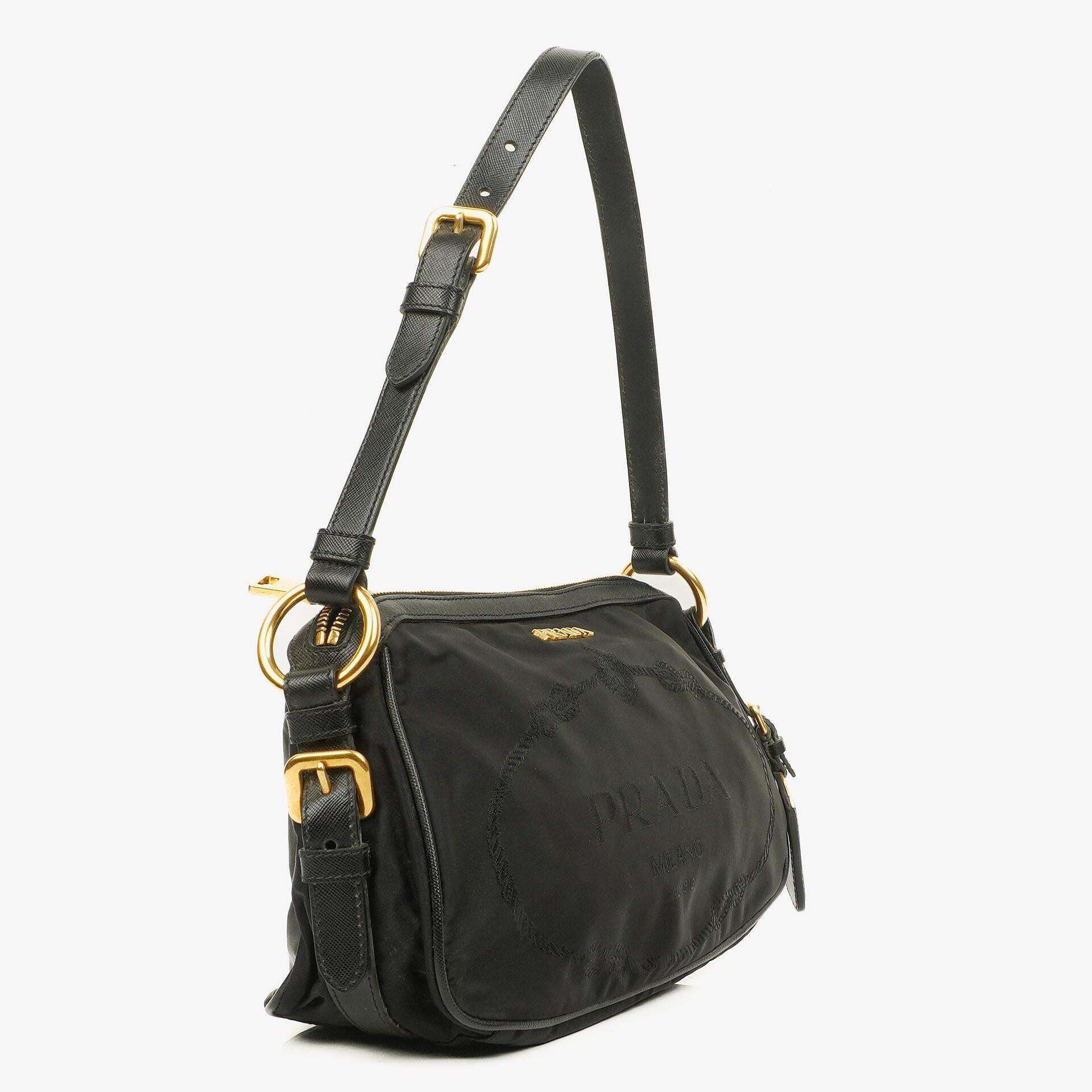 Prada Tessuto Black Nylon Jacquard Logo Shoulder Bag