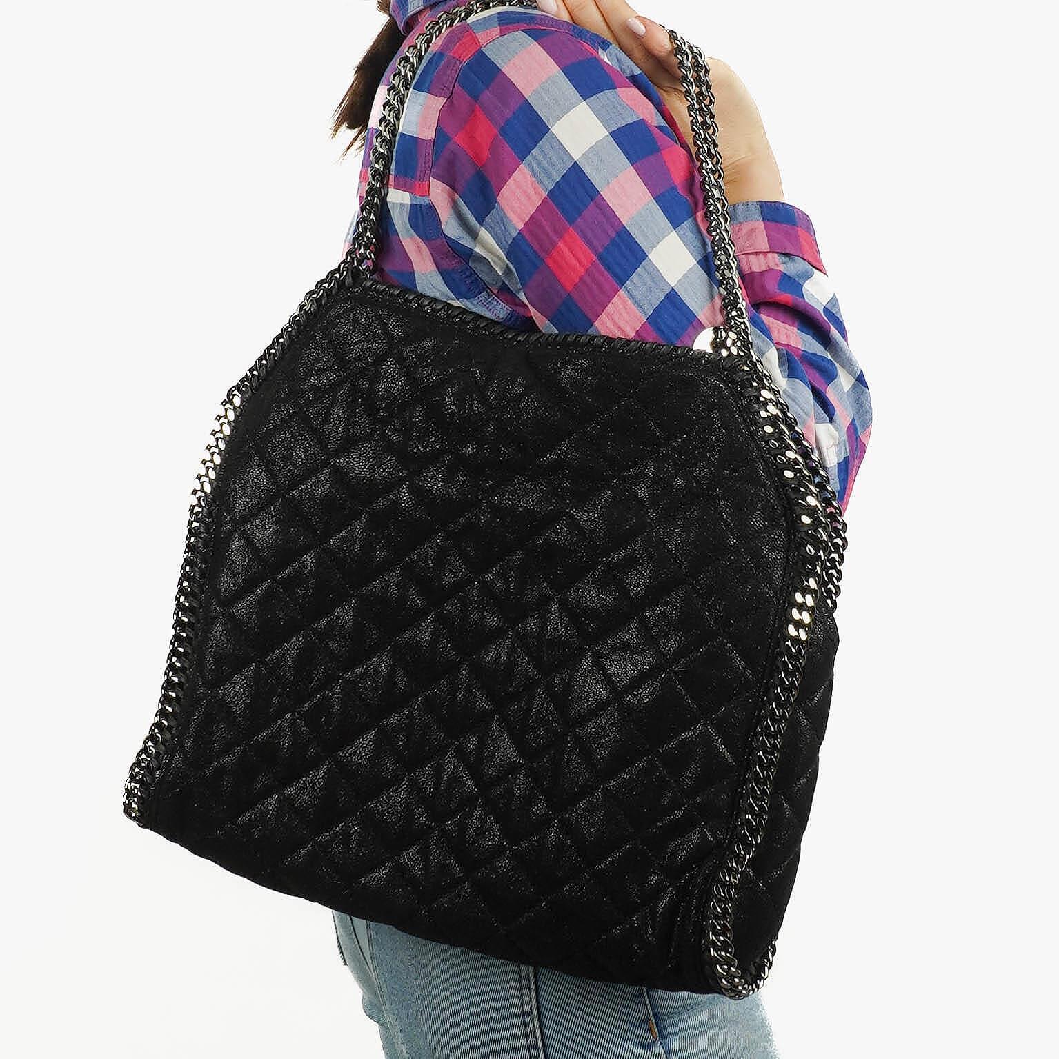 Stella McCartney Falabella Black Quilted Vegan Shaggy Deer Tote Bag