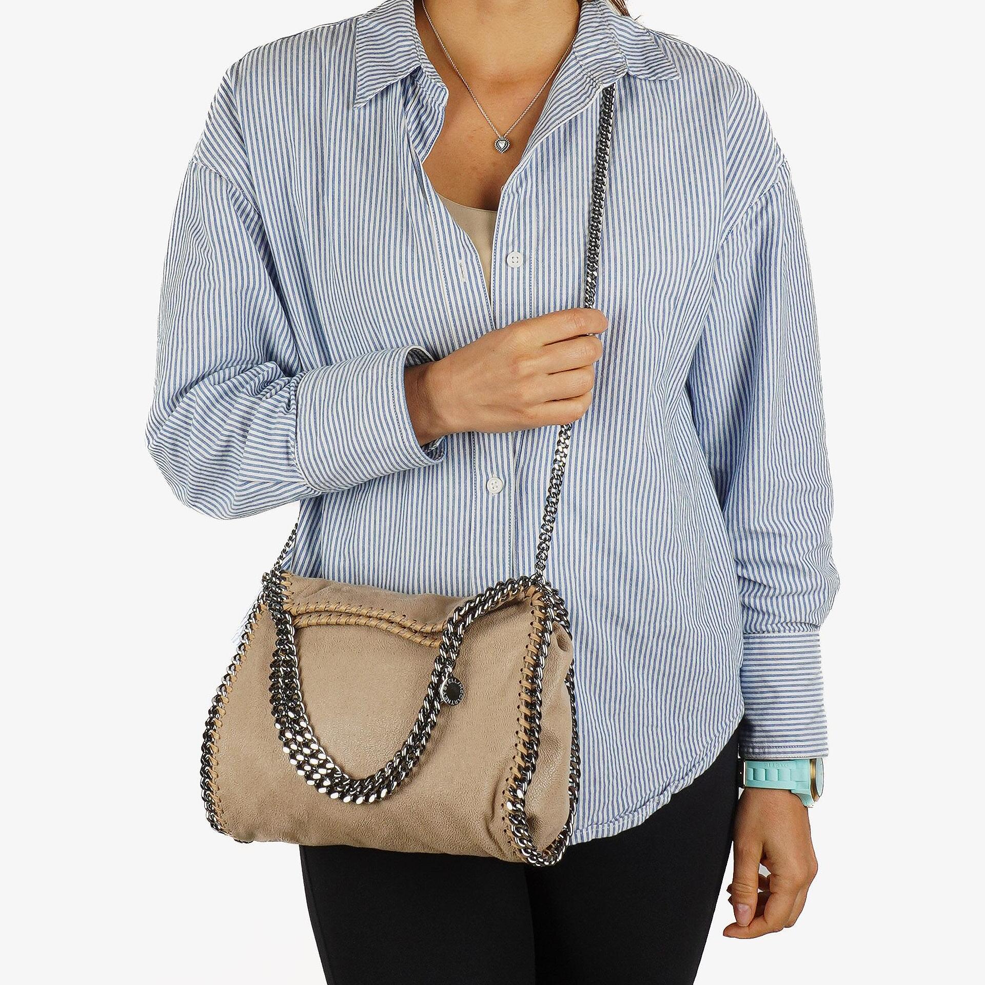 Stella McCartney Falabella Mini Tote Beige Vegan Shaggy Deer Fold Over Bag
