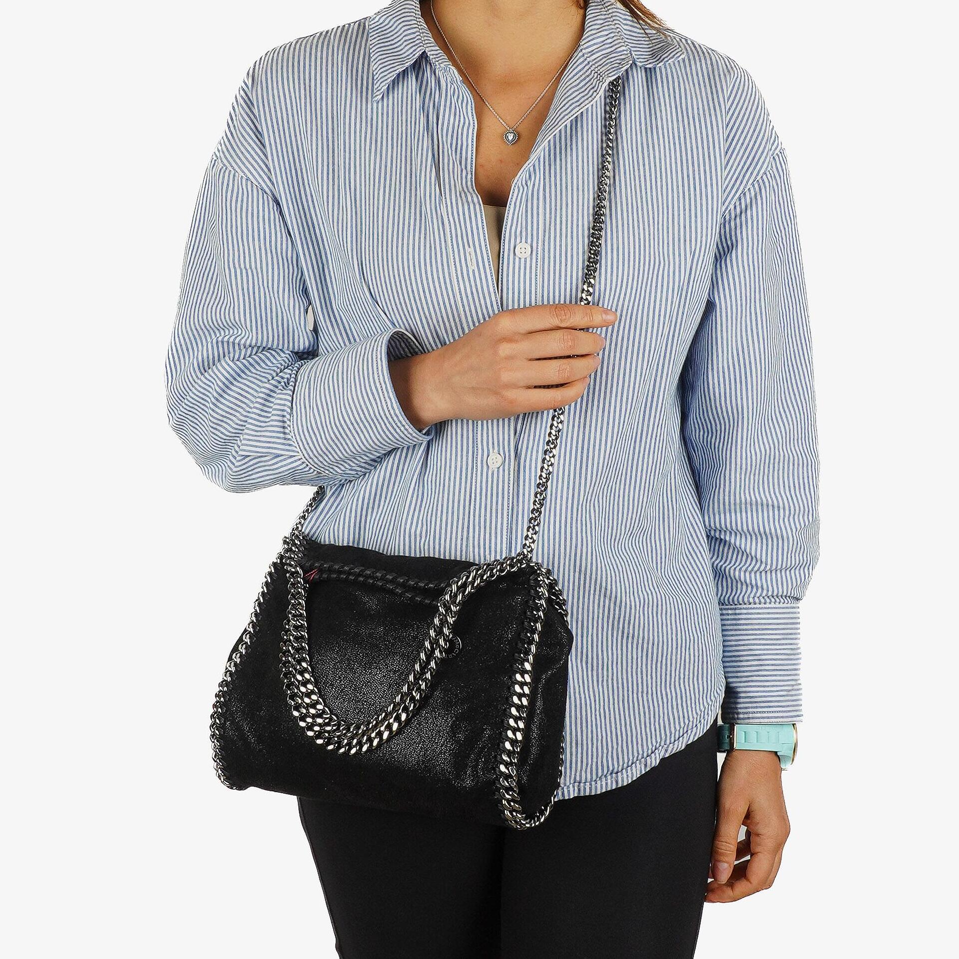 Stella McCartney Falabella Mini Tote Black Vegan Shaggy Deer Fold Over Bag