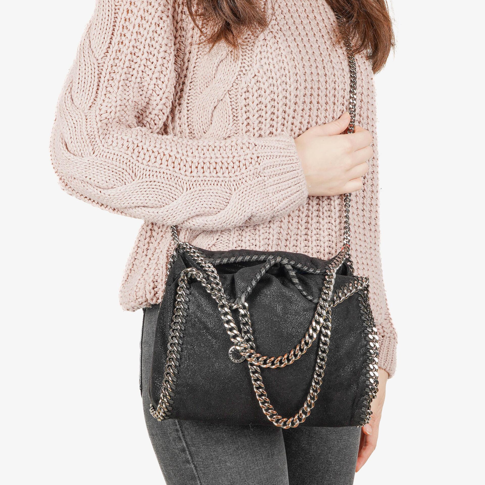 Stella McCartney Falabella Mini Tote Black Vegan Shaggy Deer Fold Over Bag
