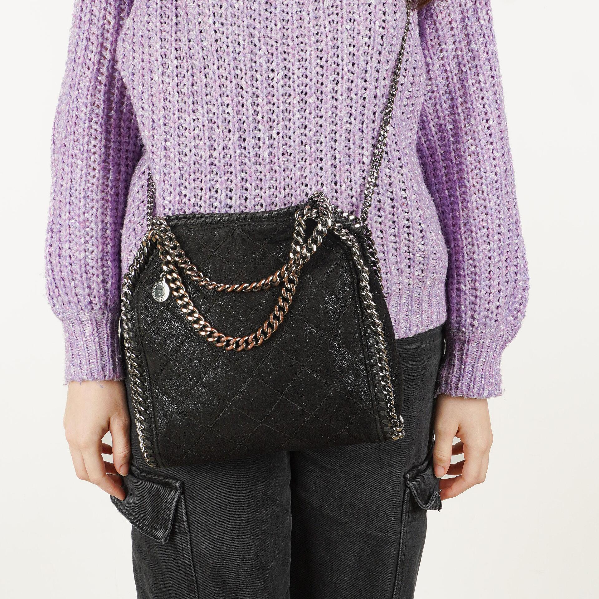 Stella McCartney Falabella Mini Tote Black Vegan Shaggy Deer Fold Over Bag