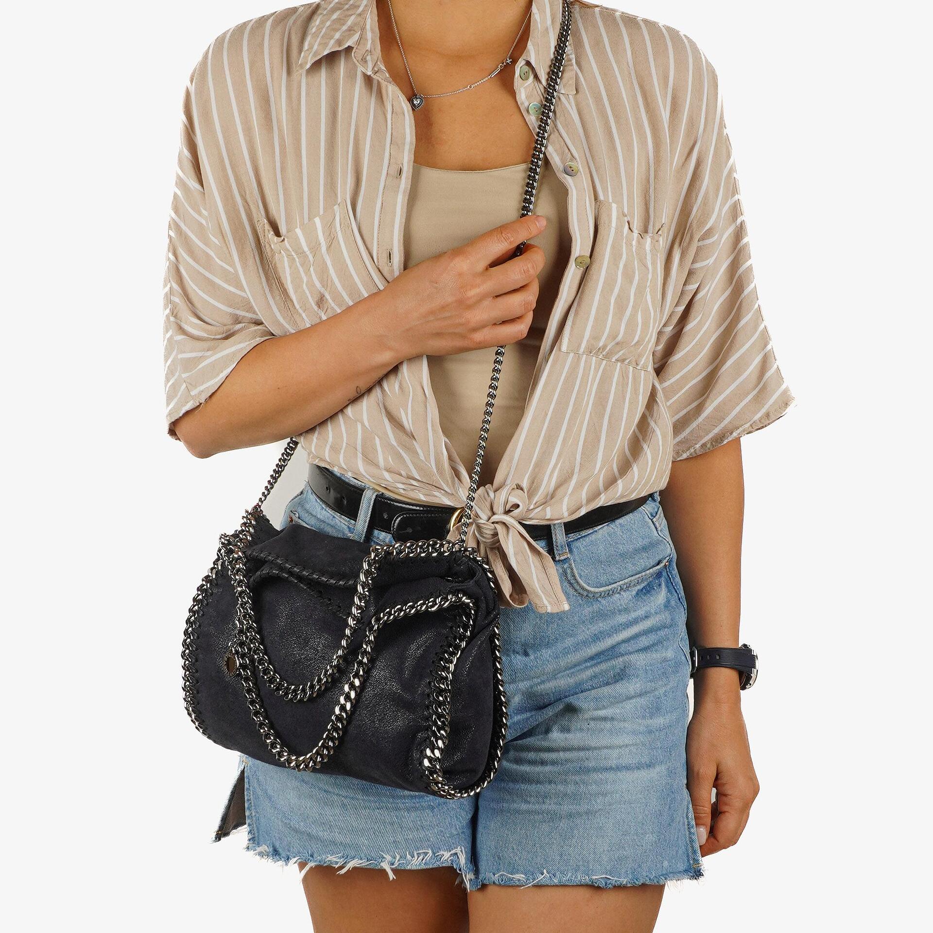Stella McCartney Falabella Mini Tote Dark Navy Vegan Shaggy Deer Fold Over Bag